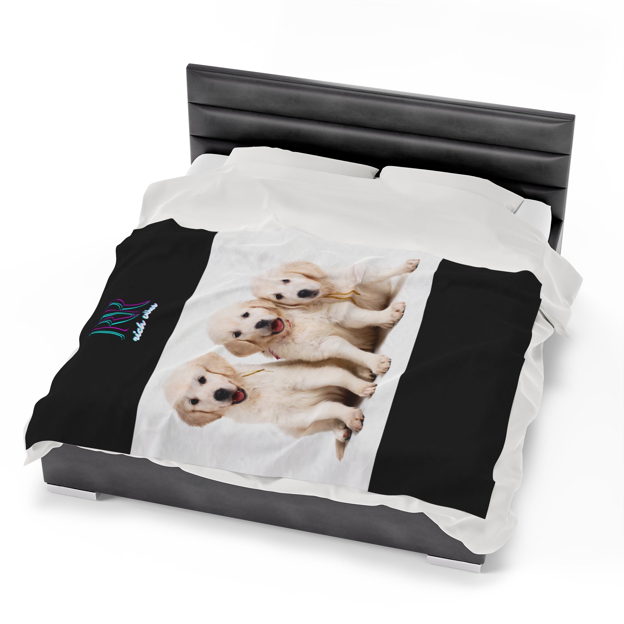 Rich Vibes RR Three White Retriever Pups - Velveteen Plush Blanket Black