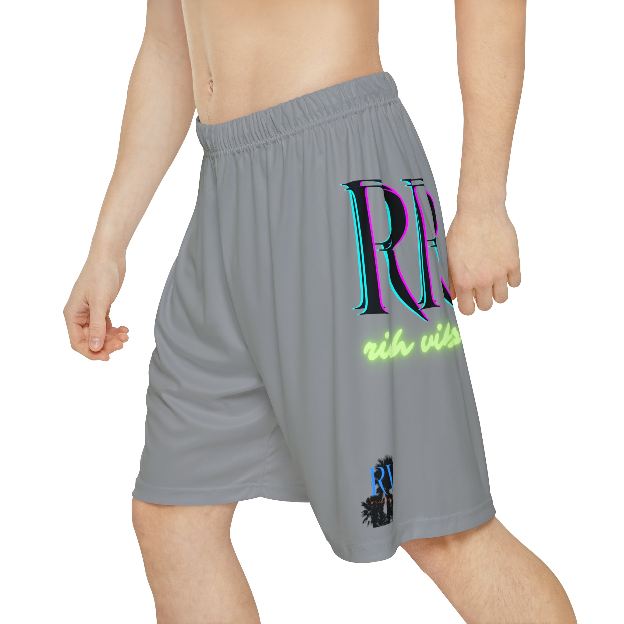 Rich Vibes RR RV Palm Tree Silhouette - Men’s Sports Shorts (AOP) Grey