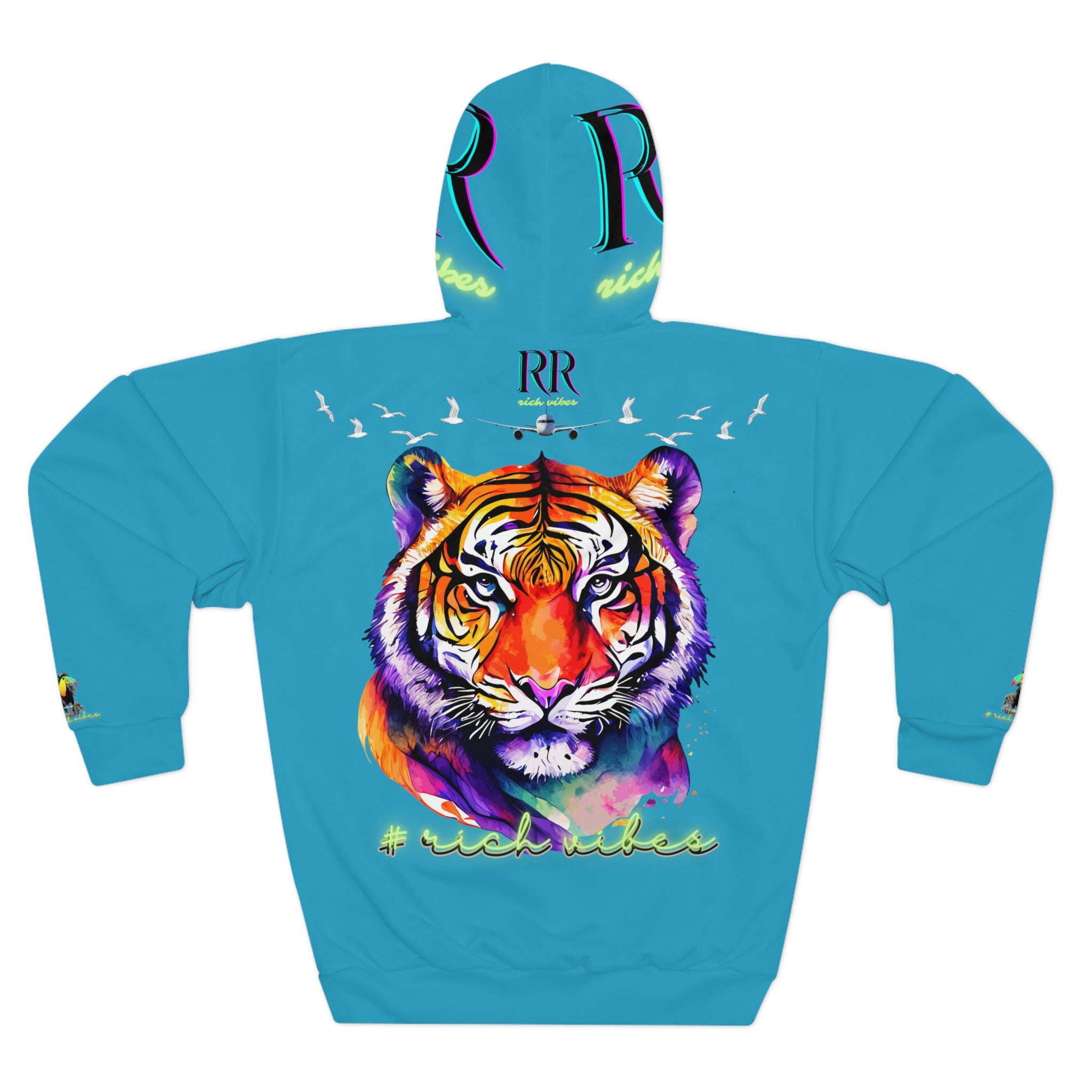 Rich Vibes Volt Green RR Turquoise Tropical Jungle Tiger - Unisex Pullover Hoodie (AOP)