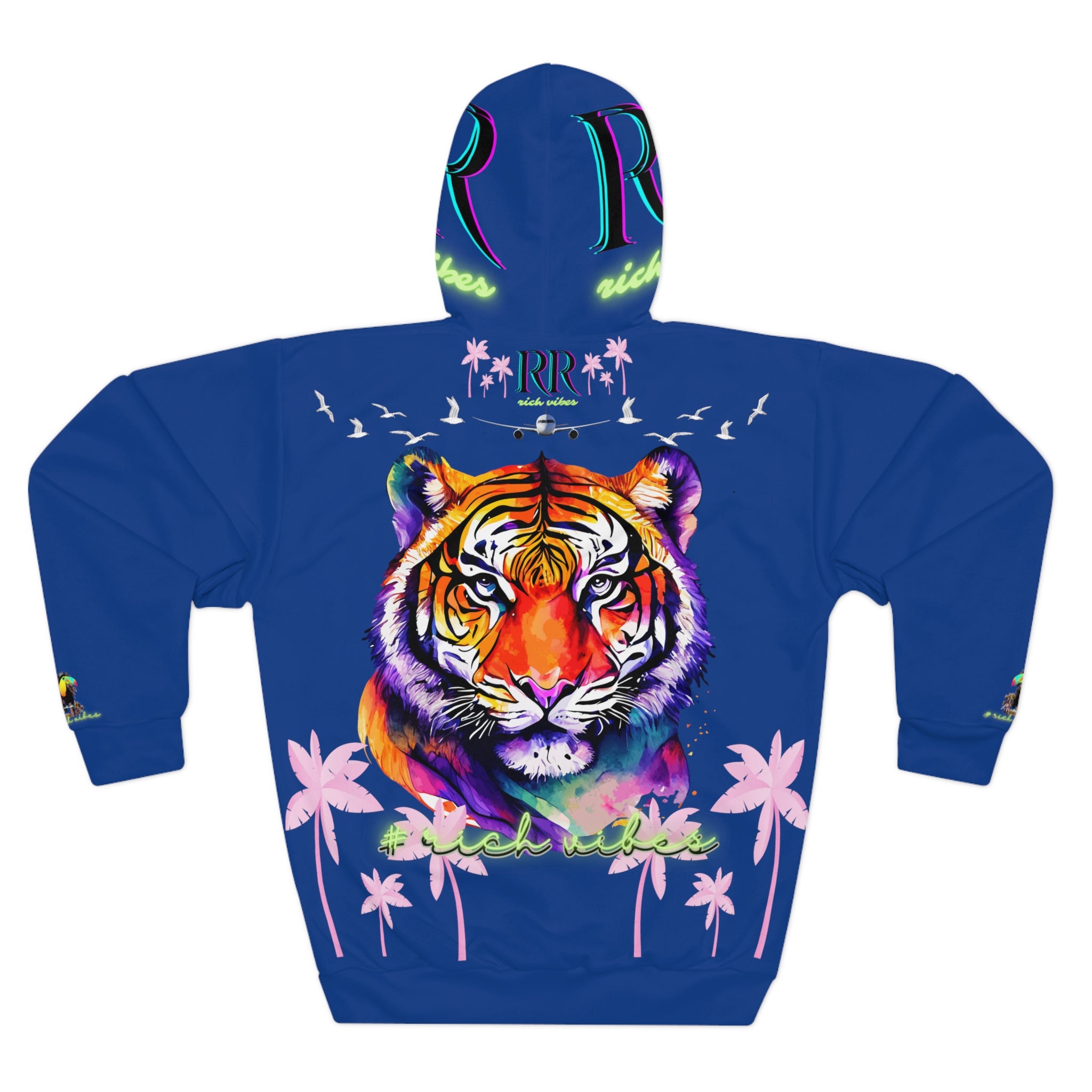 Rich Vibes Volt Green RR Royal Blue Tropical Pink Palm Tree Jungle Tiger - Unisex Pullover Hoodie (AOP)