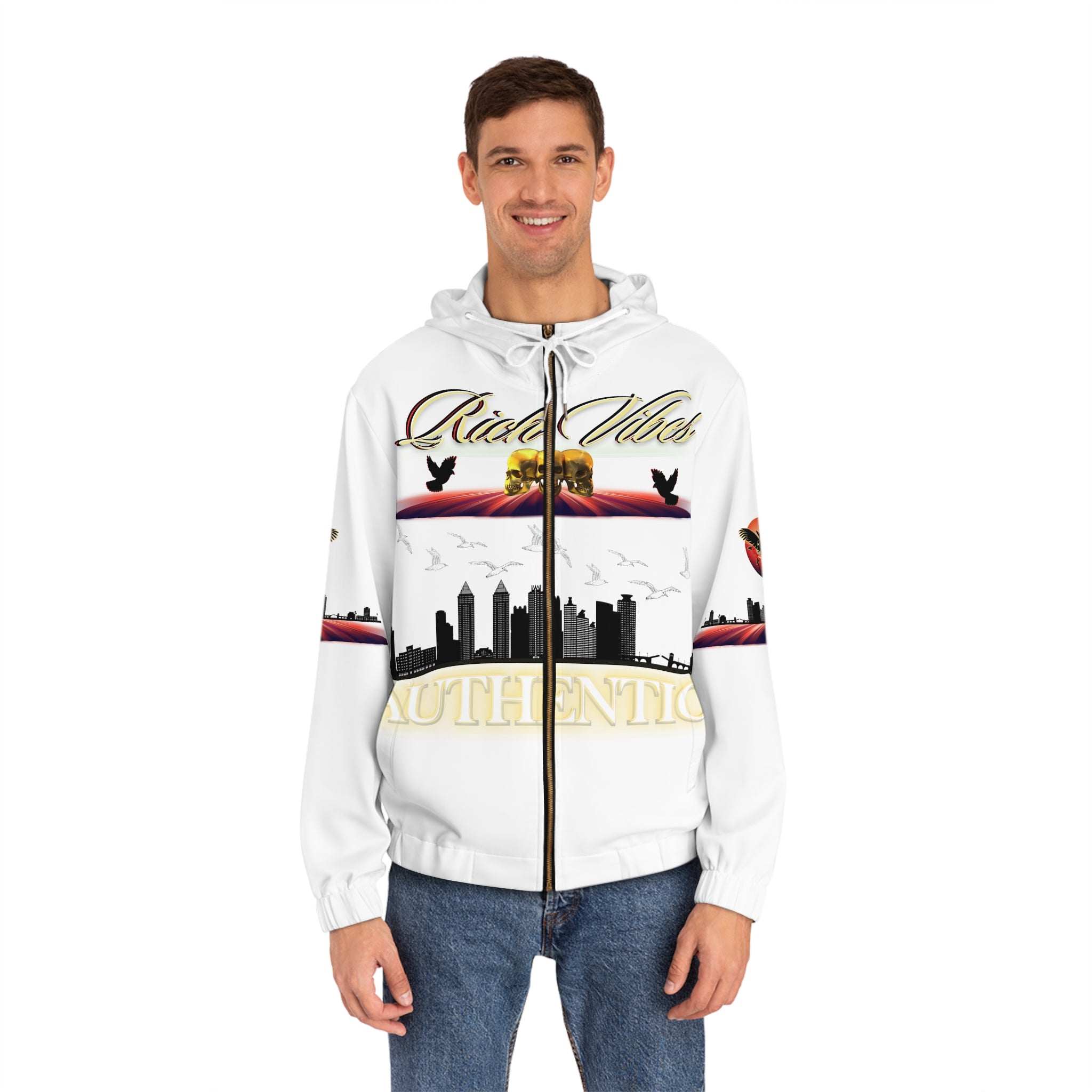 Rich Vibes Authentic Triple Golden Skull City Skyline 1.5 - Men's Full-Zip Hoodie (AOP) White