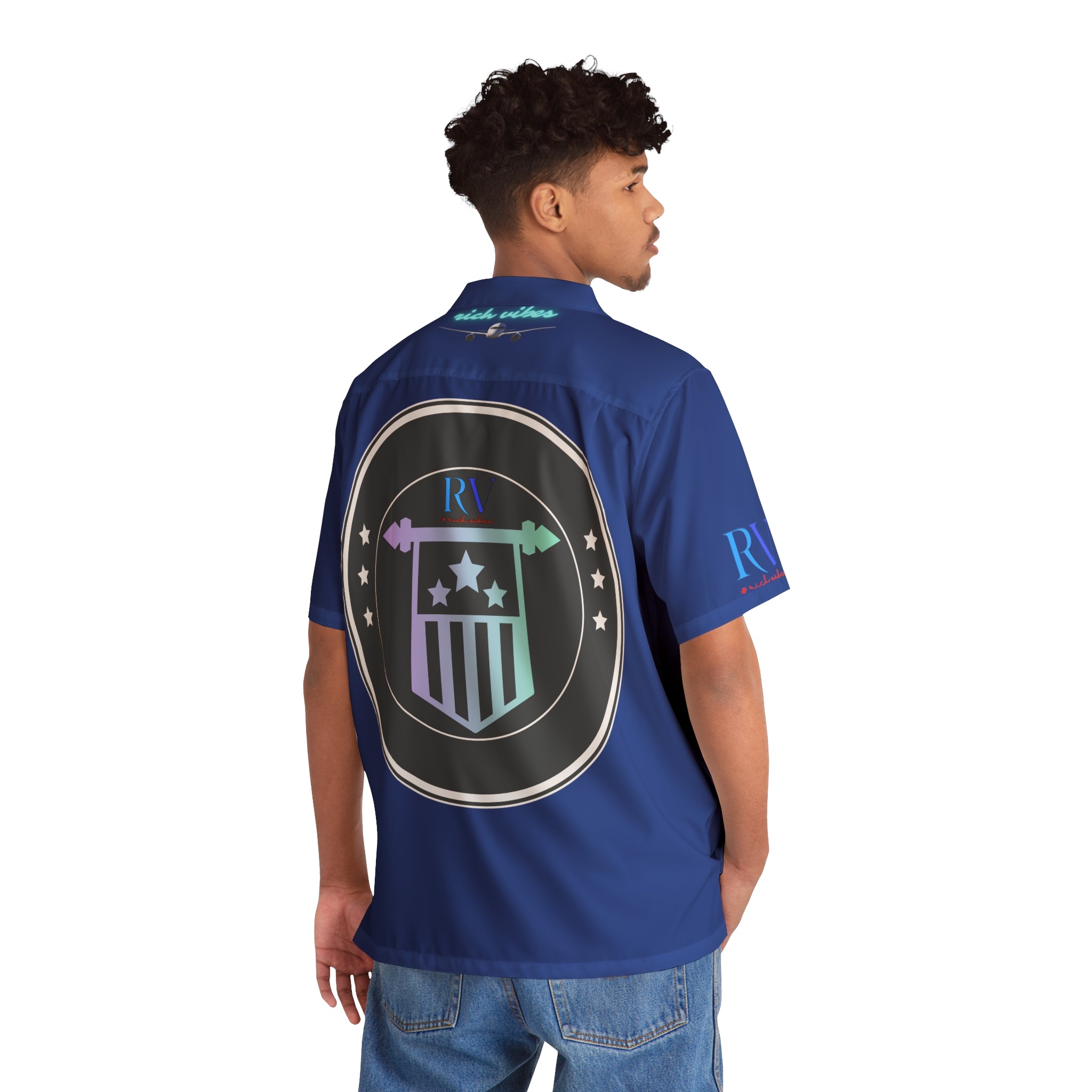 Rich Vibes RV Golfer's Palm Tree 9 Star Salute 1.0- Men's Hawaiian Shirt (AOP)Royal Blue