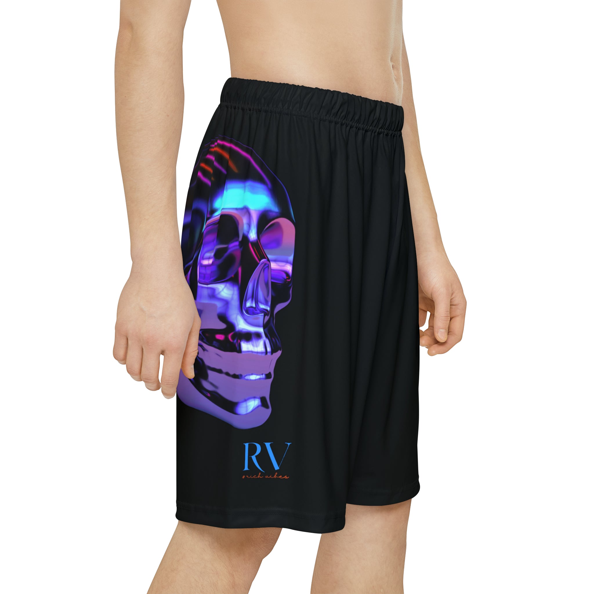 Rich Drip Psychedelic Metal Skull - RV Palm Tree Silhouette Men’s Sports Shorts (AOP) Black