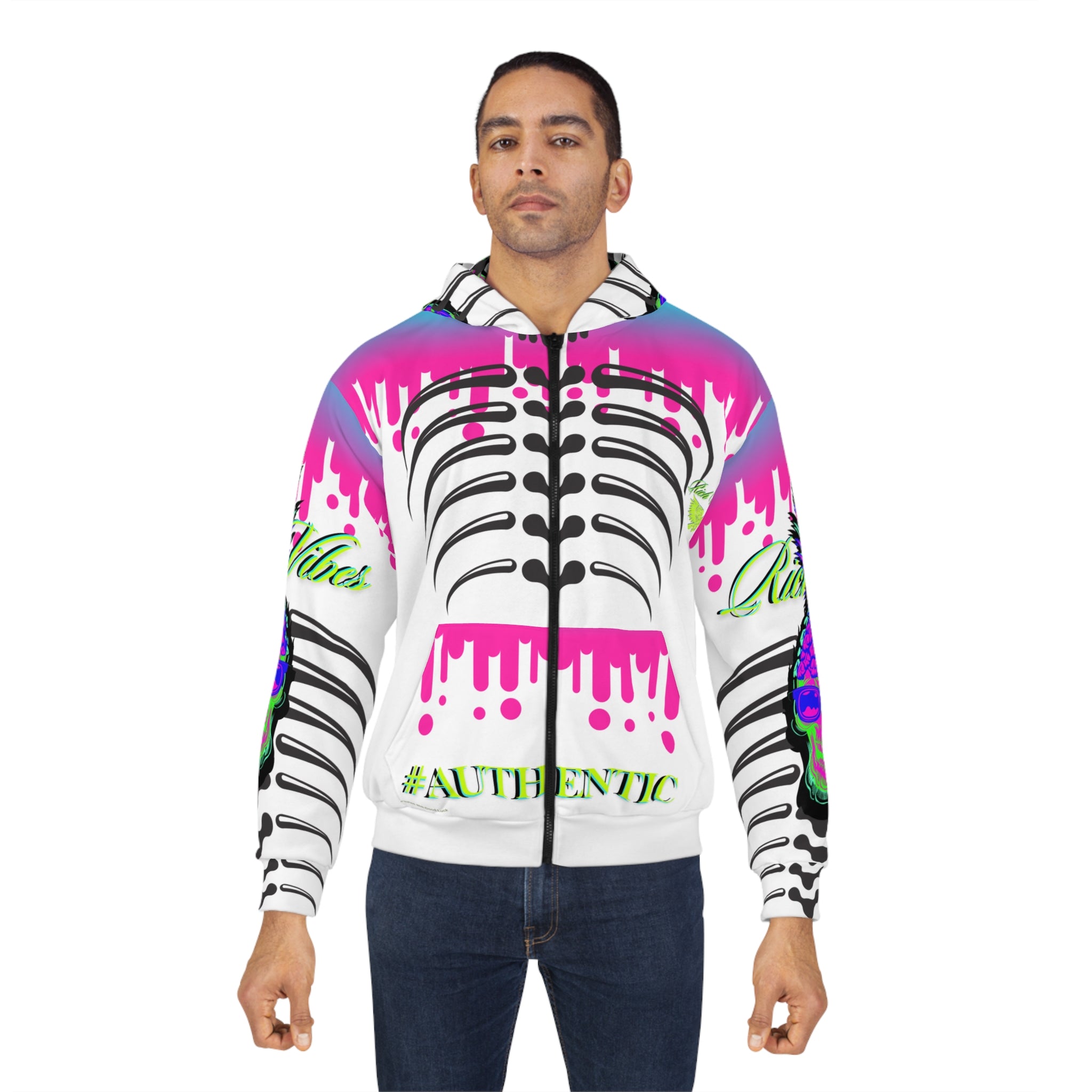 Rich Vibes Authentic Purple Skull Black Skeleton - Unisex Zip Hoodie (AOP) White