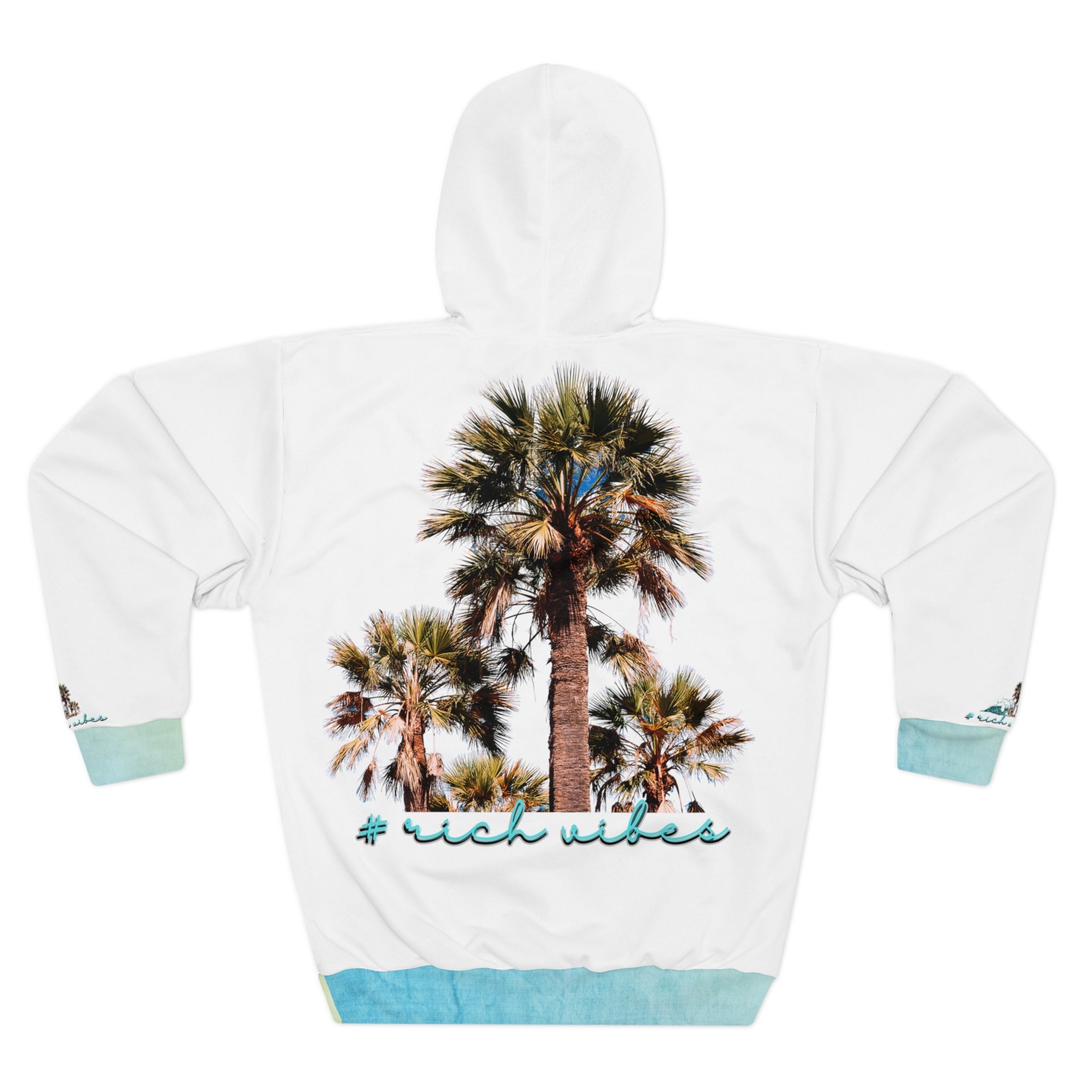 Rich Vibes White Blueberry Lemonade Water Wave Palm Trees - Unisex Pullover Hoodie (AOP)