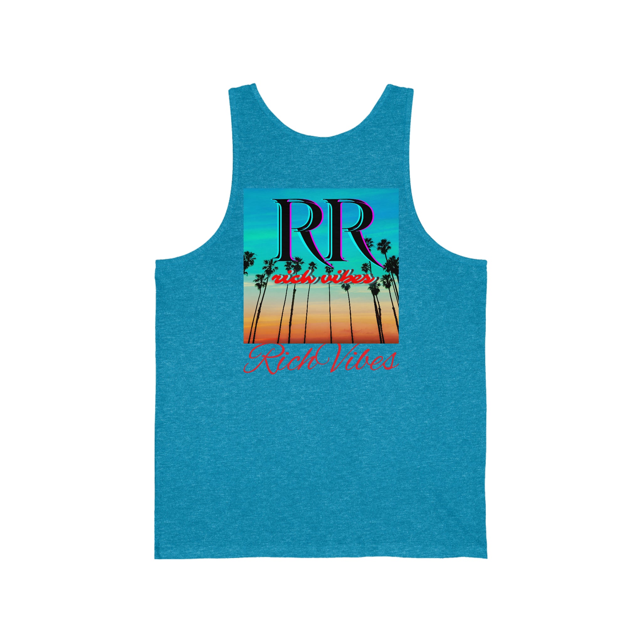 Rich Vibes RR Multi Colored Beach Sunset Drip Aqua - Unisex Jersey Tank