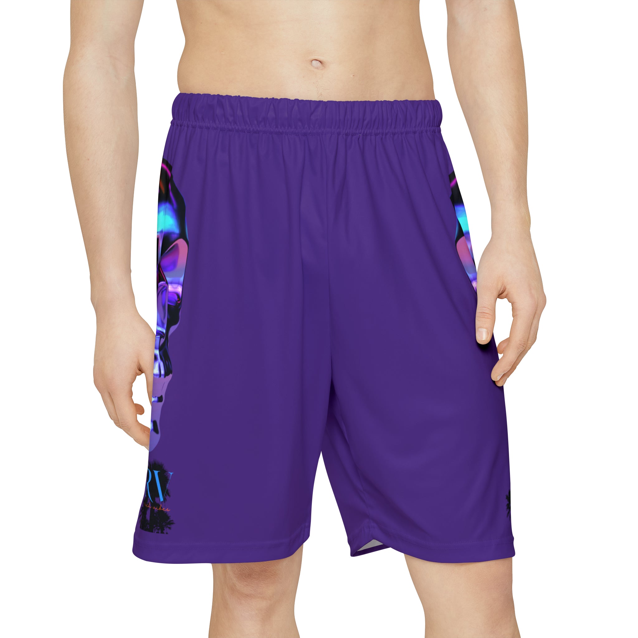 Rich Drip Psychedelic Metal Skull - RV Palm Tree Silhouette Men’s Sports Shorts (AOP) Purple