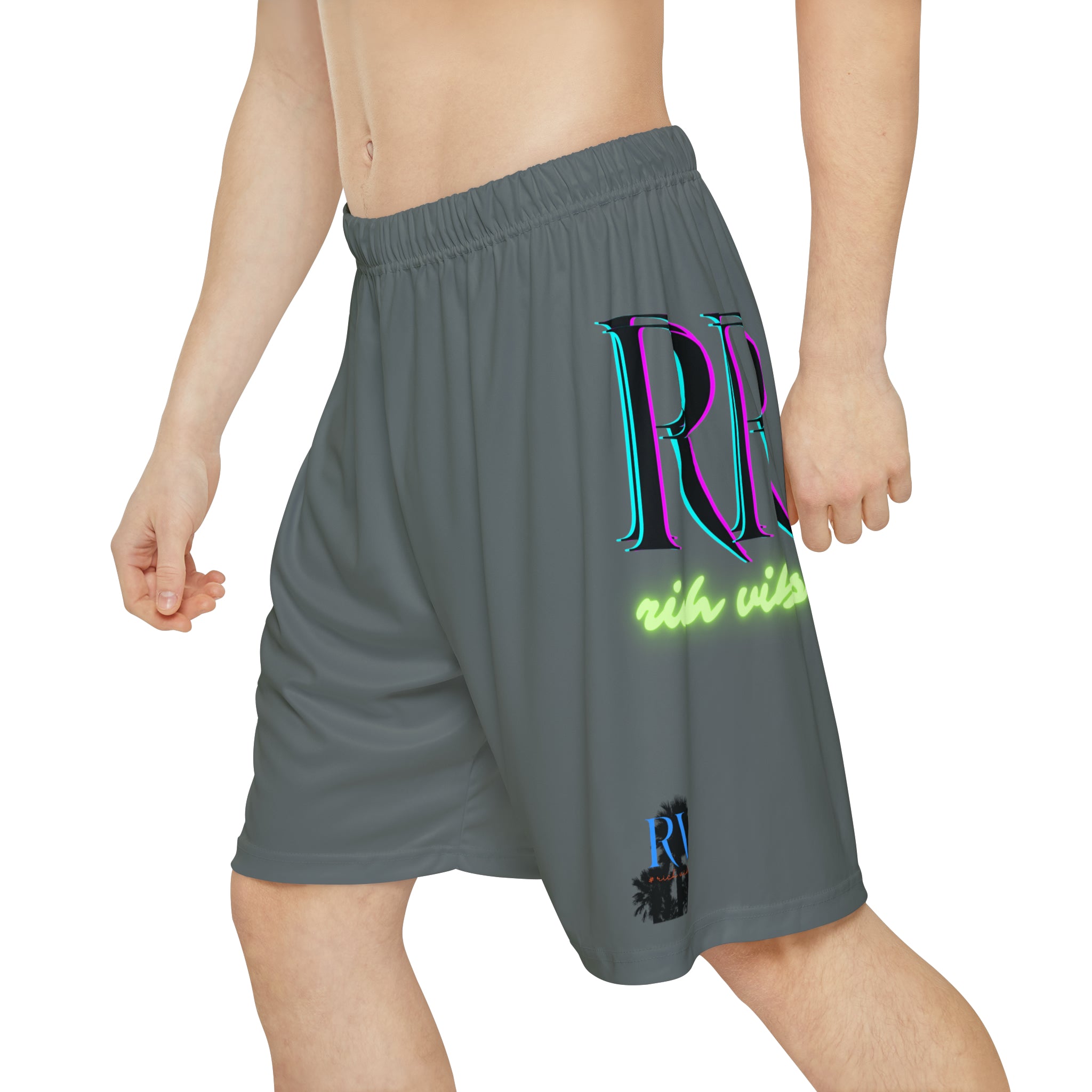 Rich Vibes RR RV Palm Tree Silhouette - Men’s Sports Shorts (AOP) Dark Grey
