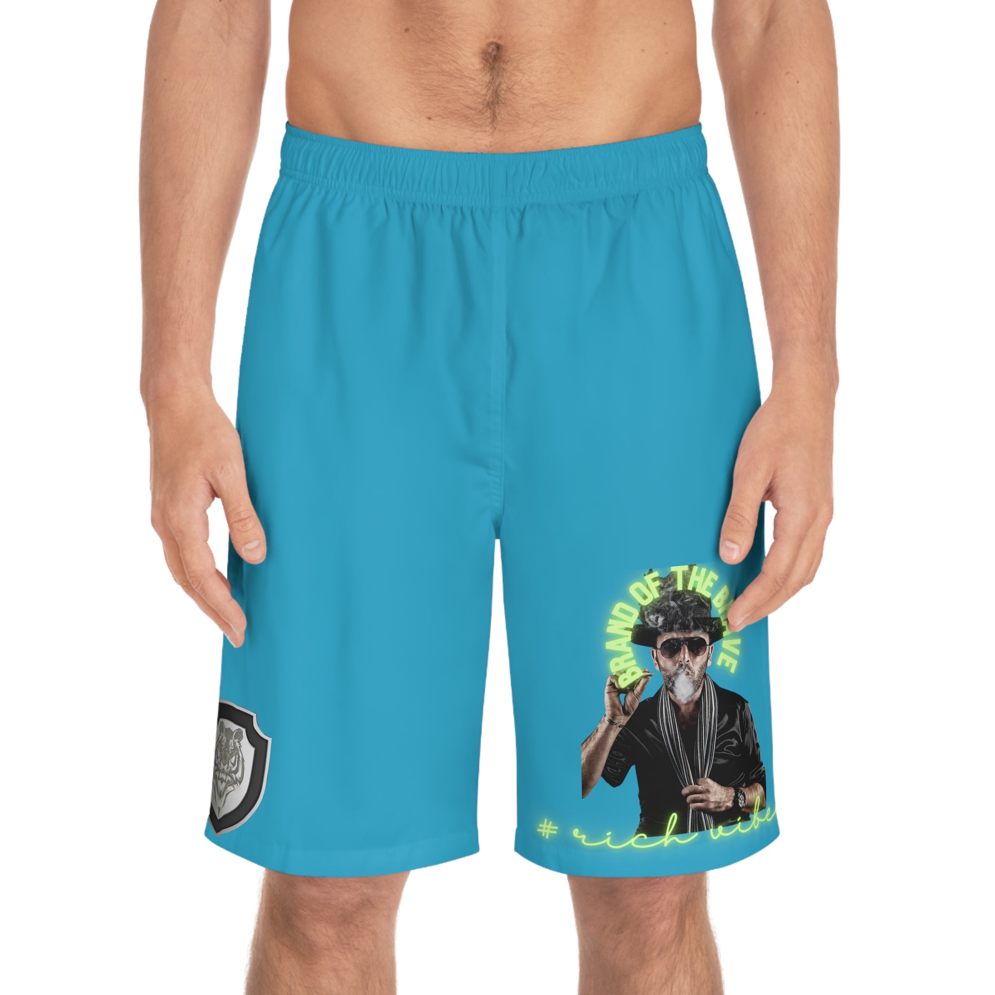 Rich Vibes Brand Of The Brave Volt MG Tiger Shield Turquoise - Men's Board Shorts (AOP)
