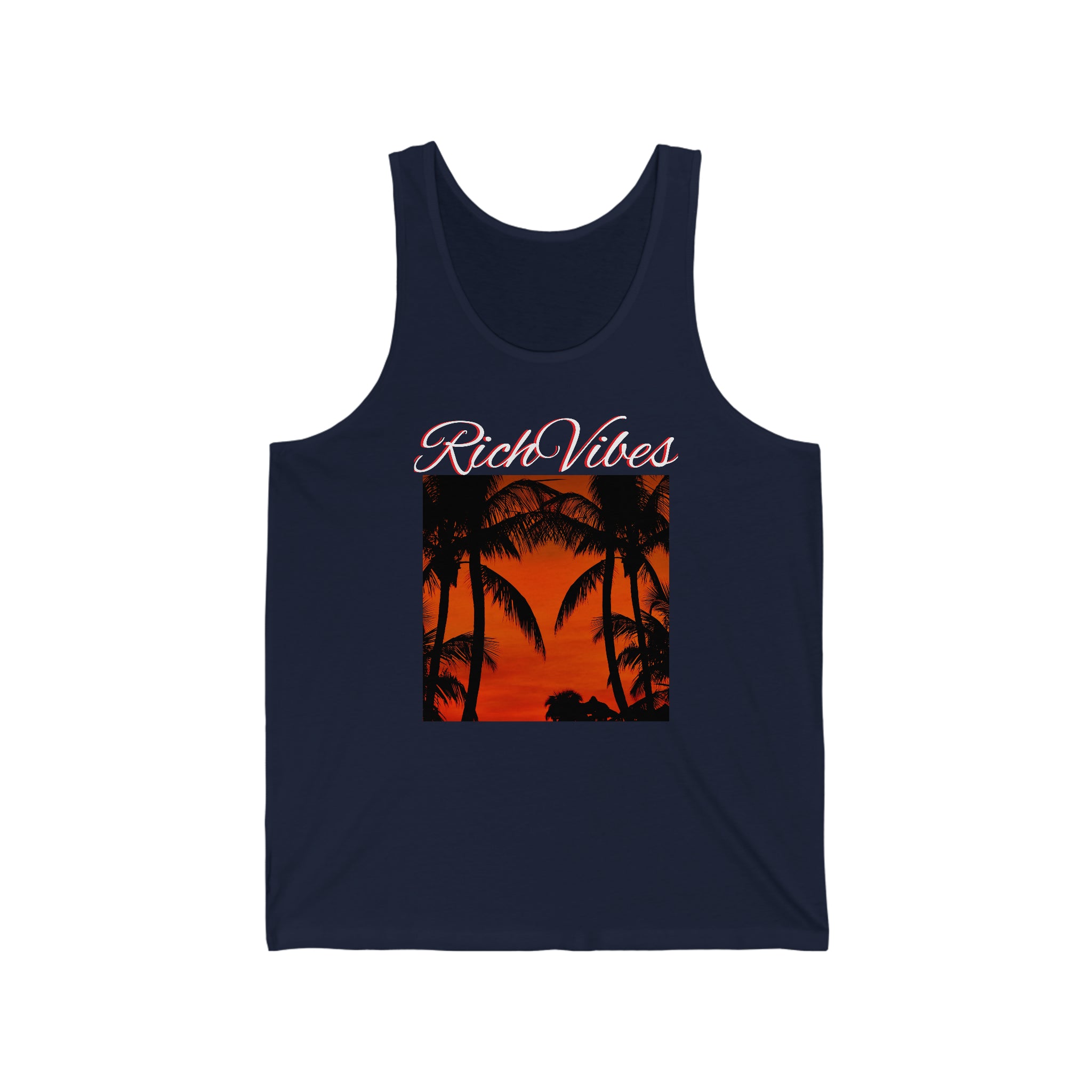 Rich Vibes Red Sunset Palm Trees Silhouette 1.5 - Unisex Jersey Tank