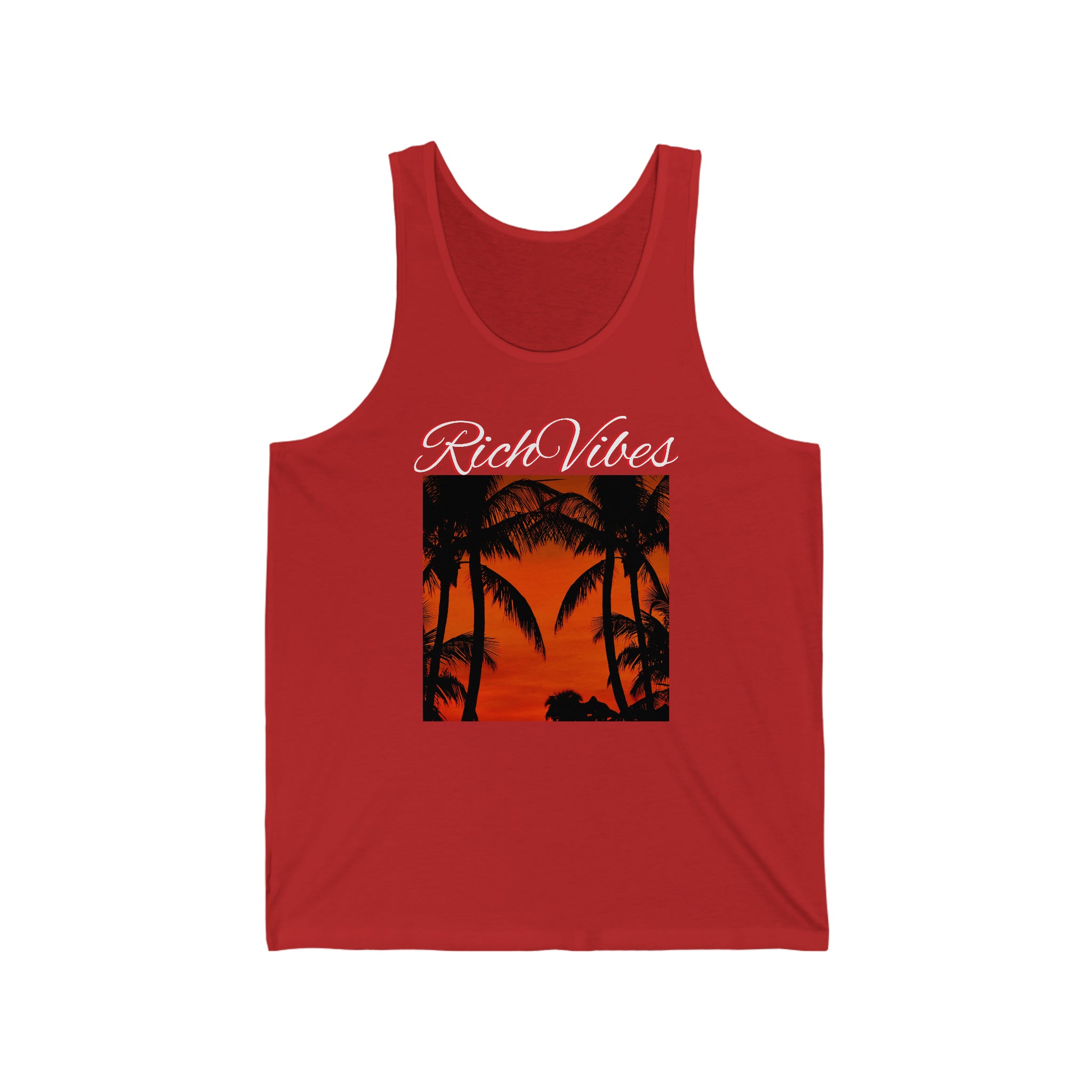 Rich Vibes Red Sunset Palm Trees Silhouette 1.5 - Unisex Jersey Tank