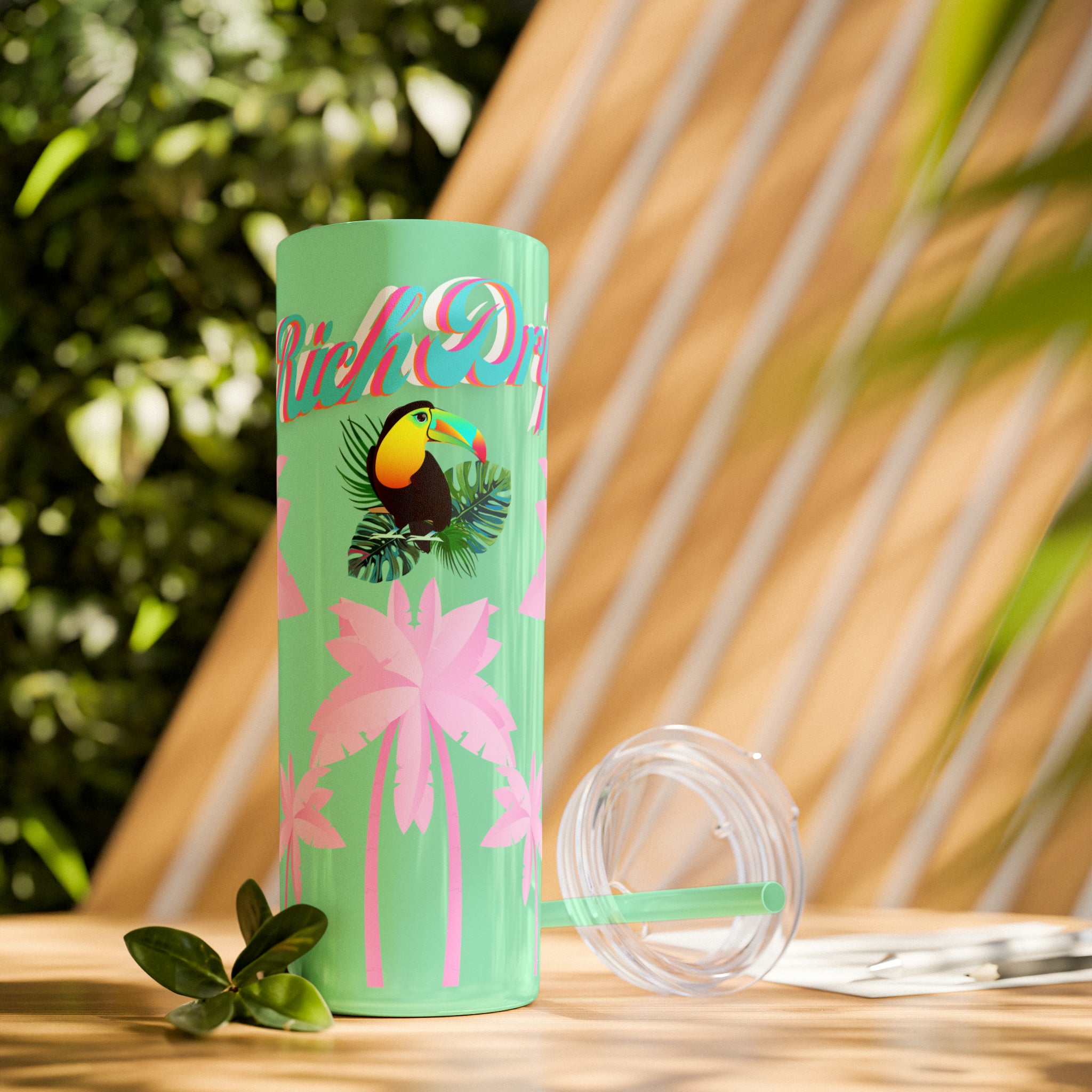 Rich Drip Tropical Pink Palm Tree - Skinny Tumbler with Straw, 20oz