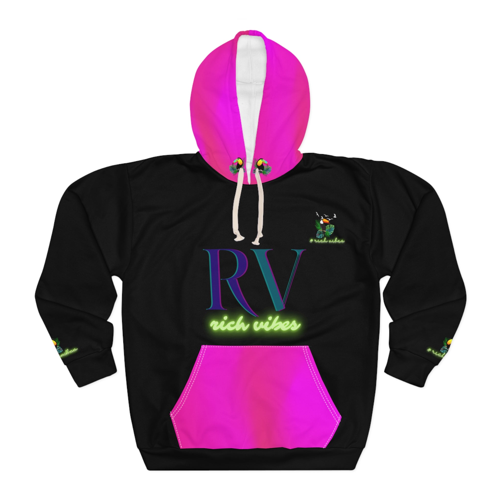 Rich Vibes Black Tropical Pink Volt RR Tropical Jungle Tiger 1.2 - Unisex Pullover Hoodie (AOP)