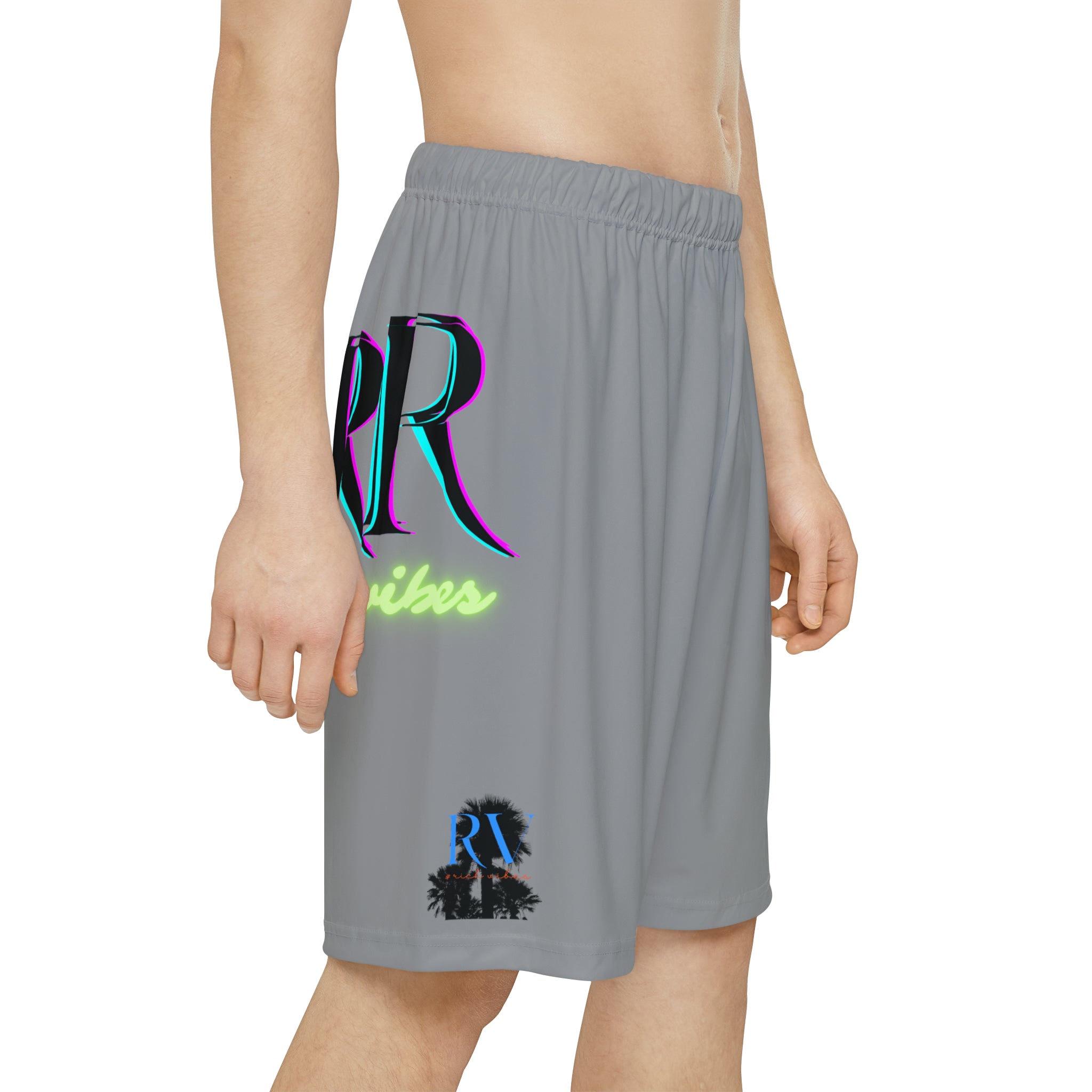 Rich Vibes RR RV Palm Tree Silhouette - Men’s Sports Shorts (AOP) Grey