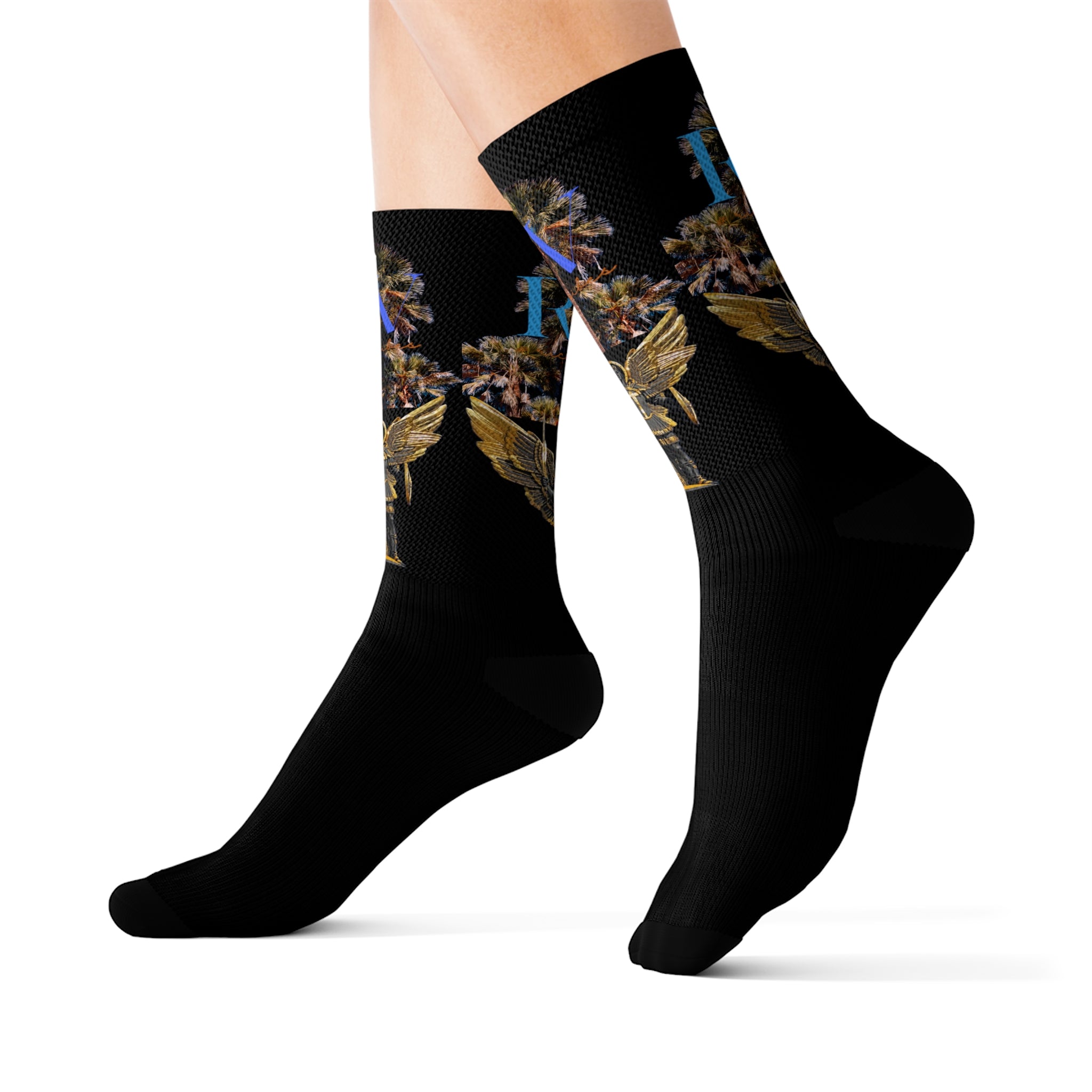 Rich Vibes RV Palm Tree Logo Archangel Michael Black - Sublimation Socks