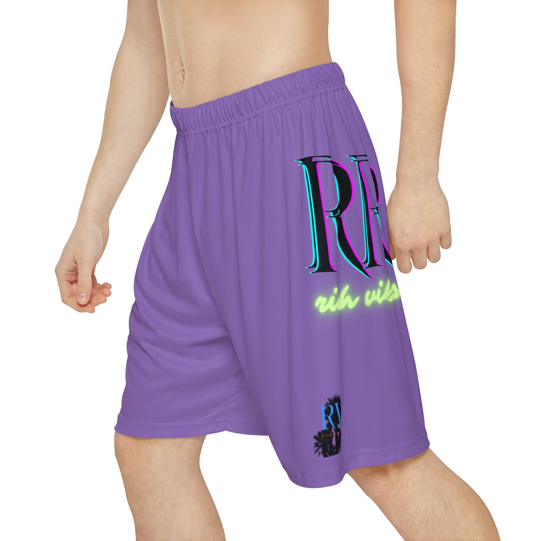 Rich Vibes RR RV Palm Tree Silhouette - Men’s Sports Shorts (AOP) Light Purple