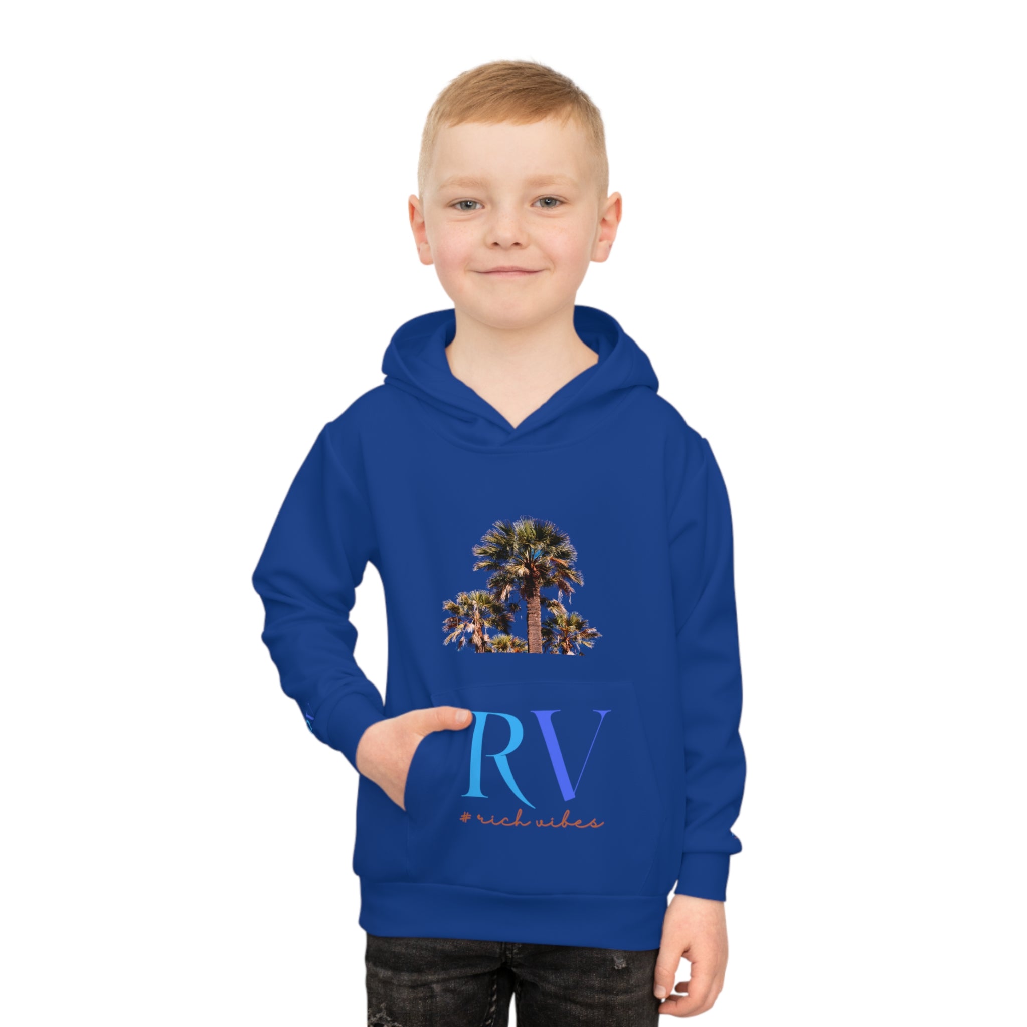 Rich Vibes Follow Your Dreams RV Color Palm Tree Royal Blue -  Children's Hoodie (AOP)
