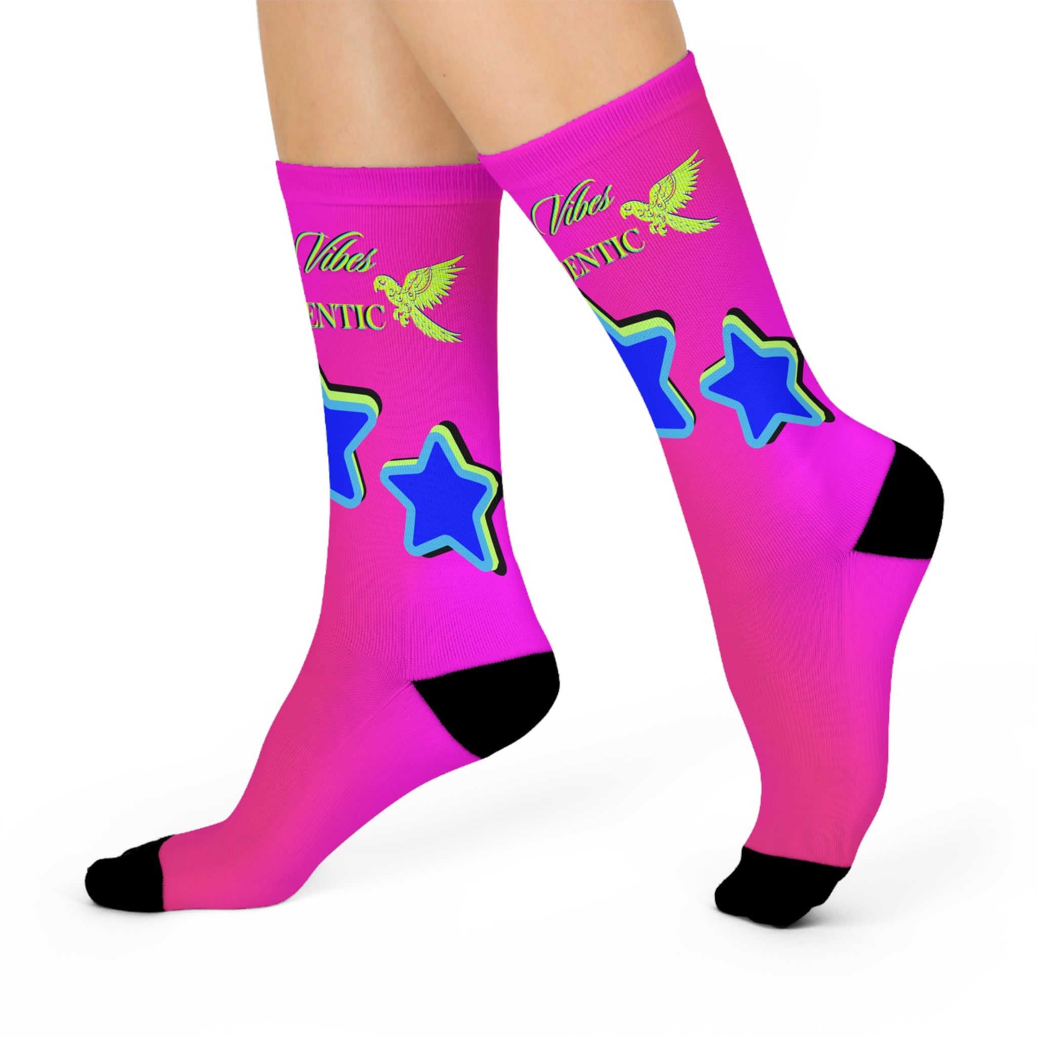 Rich Vibes Authentic Volt Blue Stars - Cushioned Crew Socks (Hot Pink)