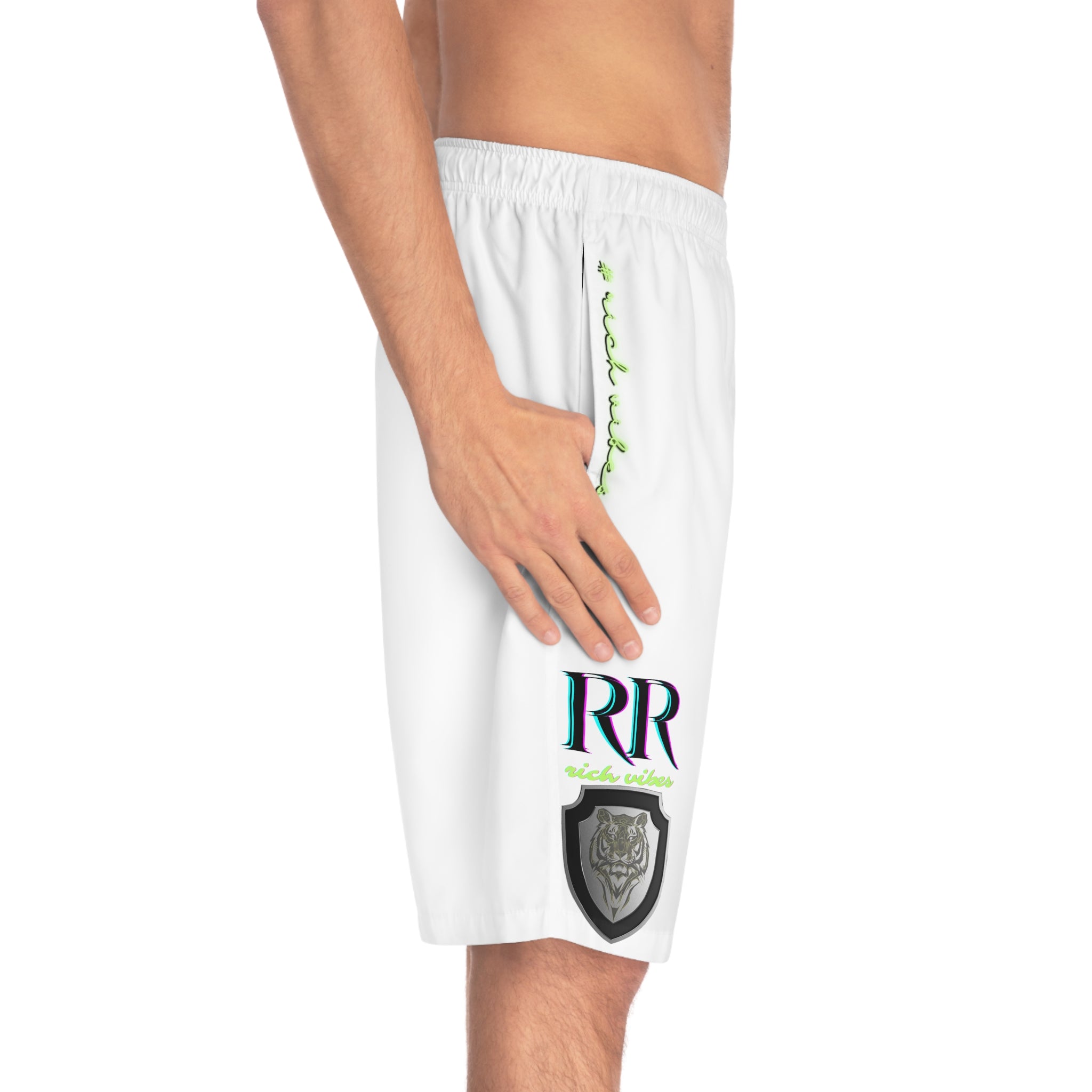 Rich Vibes RR Volt MG Tiger Shield White - Men's Board Shorts (AOP)
