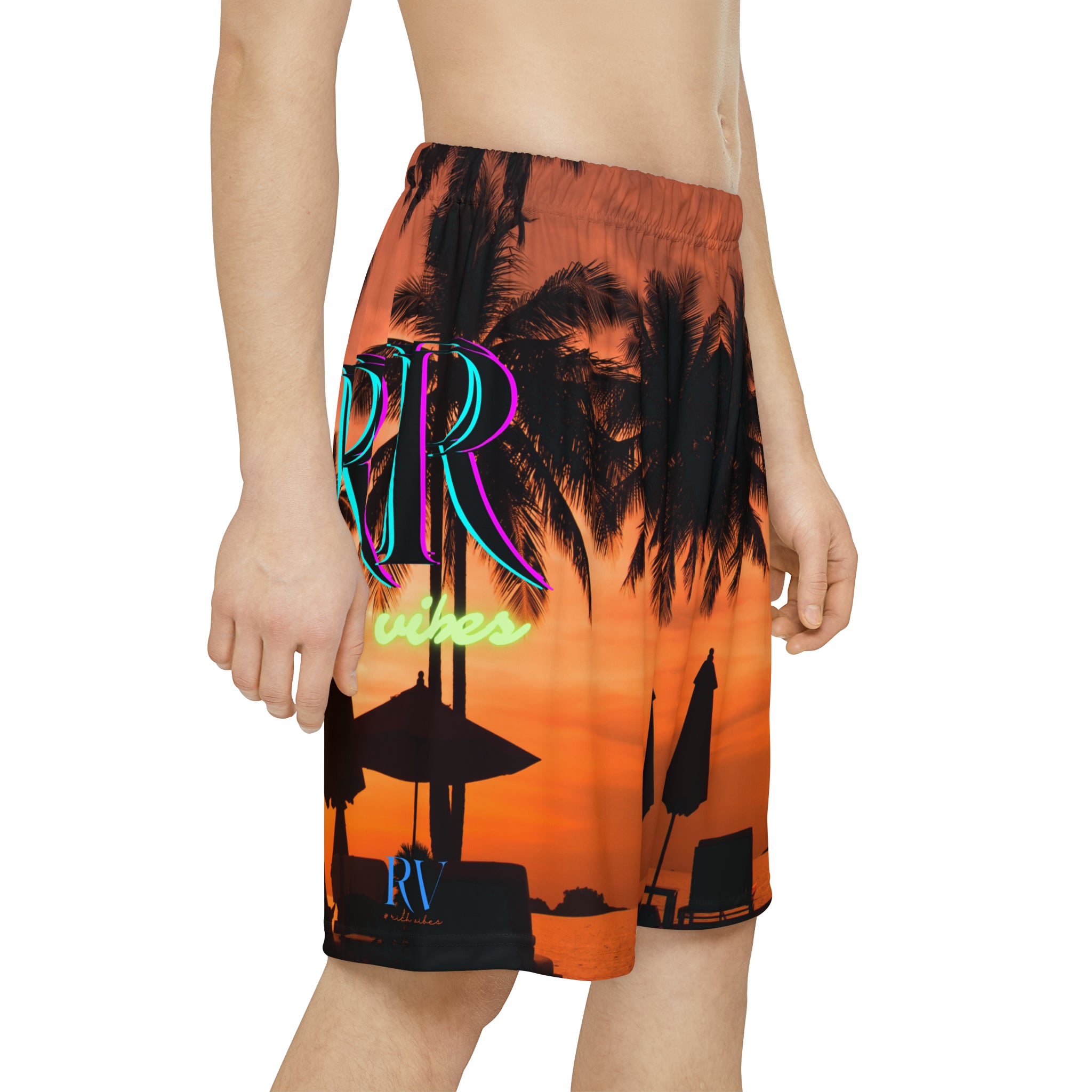 Rich Vibes RR Red Sunset RV Palm Tree Silhouette 1.0 Invert - Men’s Sports Shorts (AOP) Red