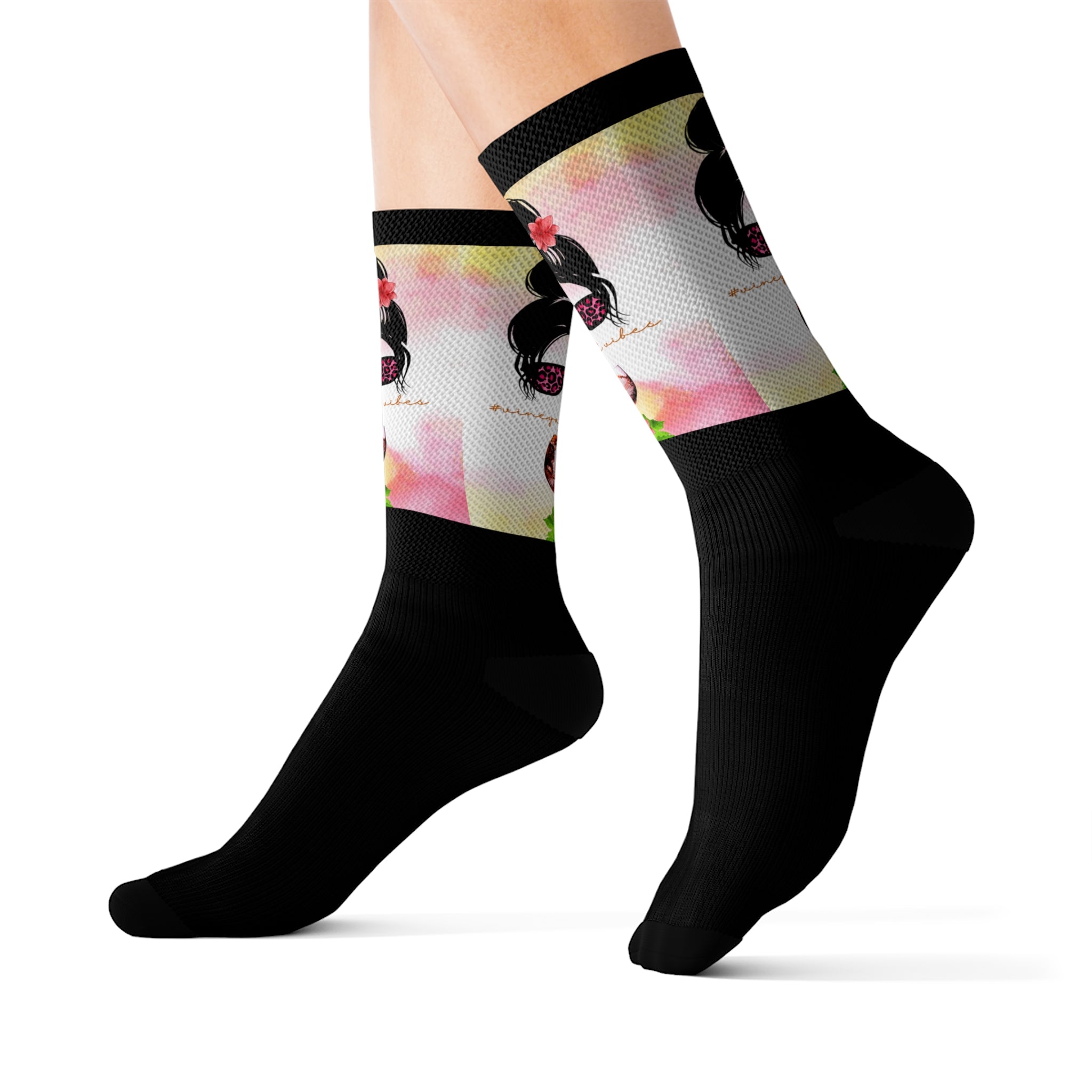 Vineyard Vibes Pink Water Colors Black - Sublimation Socks