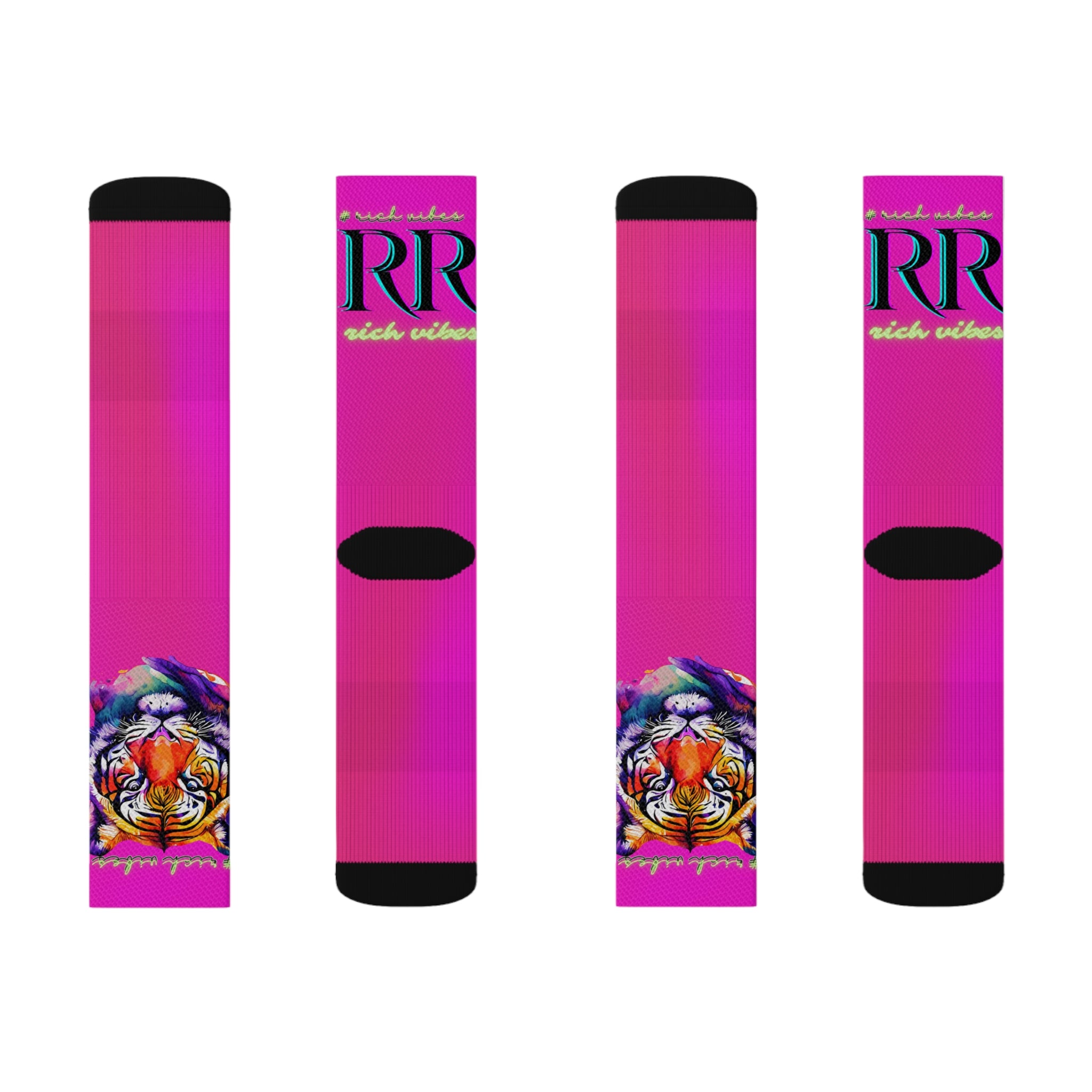 Rich Vibes RR Hot Pink Tropical Jungle Tiger - Sublimation Socks Black