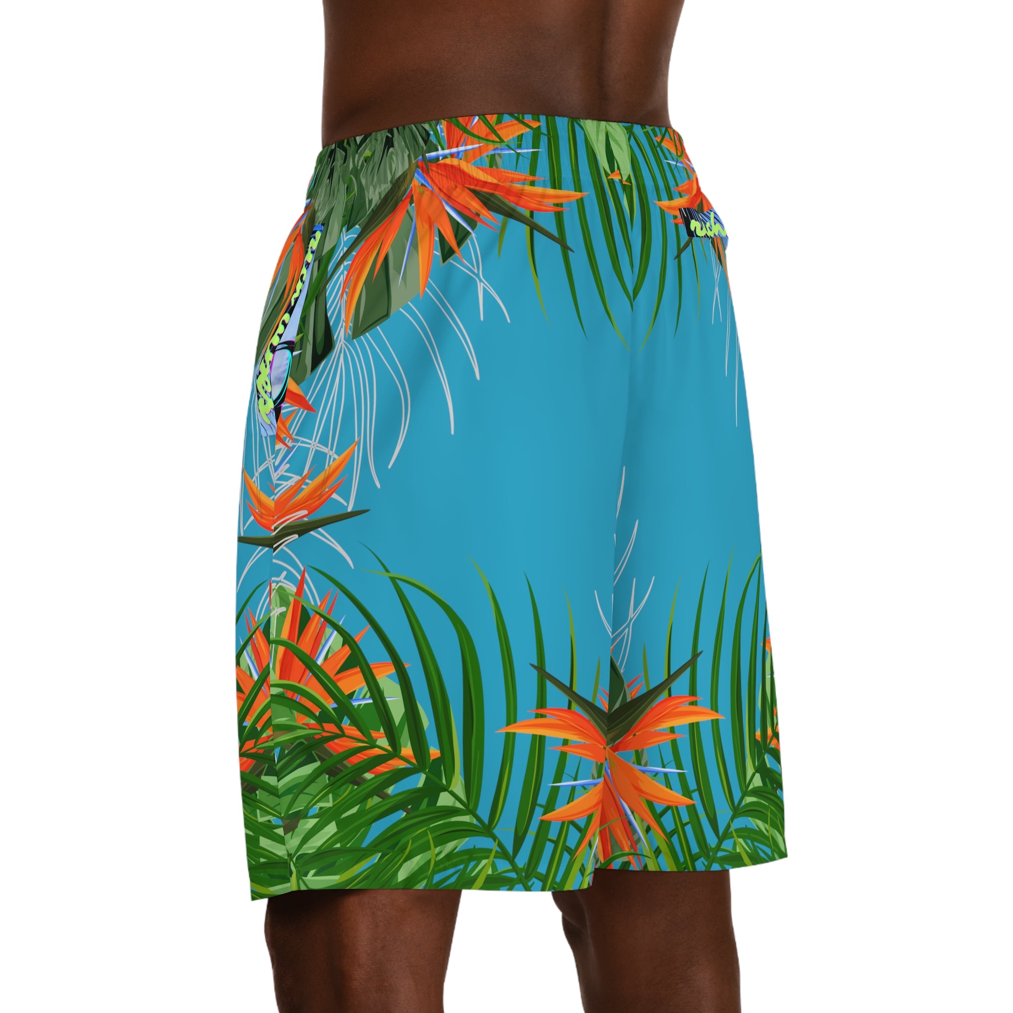 Rich Vibes Volt Turquoise Tropical Jungle Print - Men's Jogger Shorts (AOP)Black