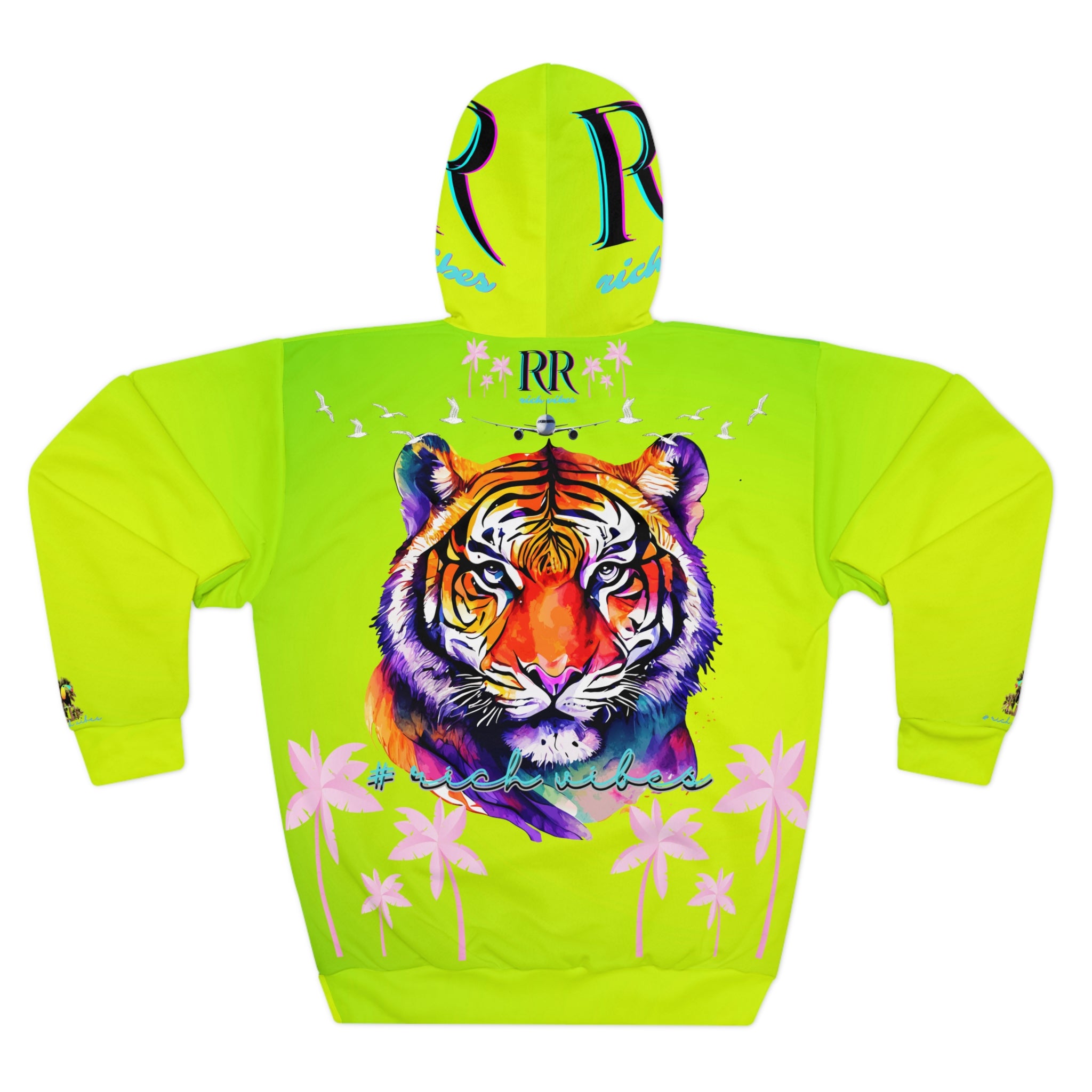 Rich Vibes Volt Blue RR Lime Green Tropical Pink Palm Tree Jungle Tiger - Unisex Pullover Hoodie (AOP)