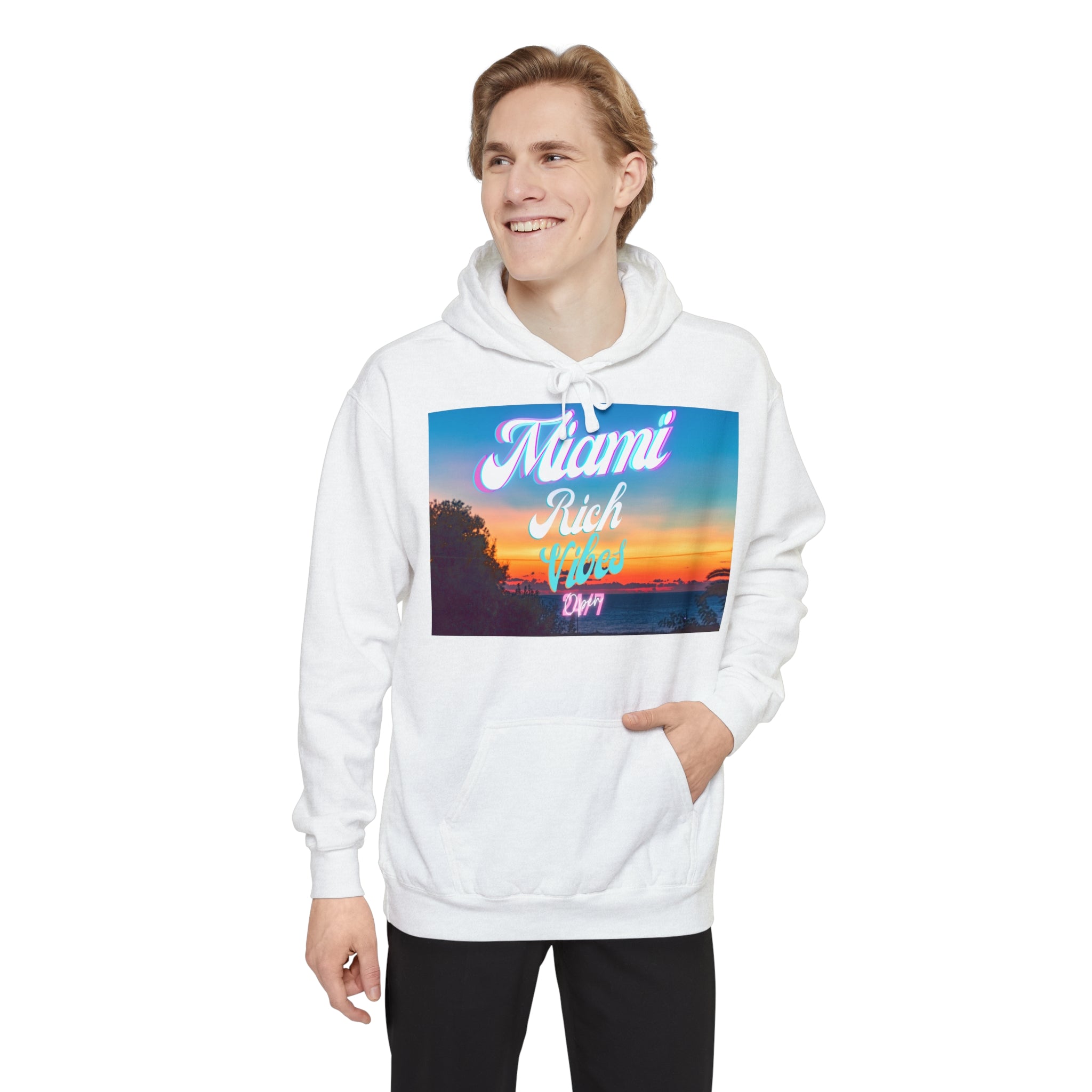 Rich Vibes Miami Beach 24/7  White - Garment-Dyed Hoodie