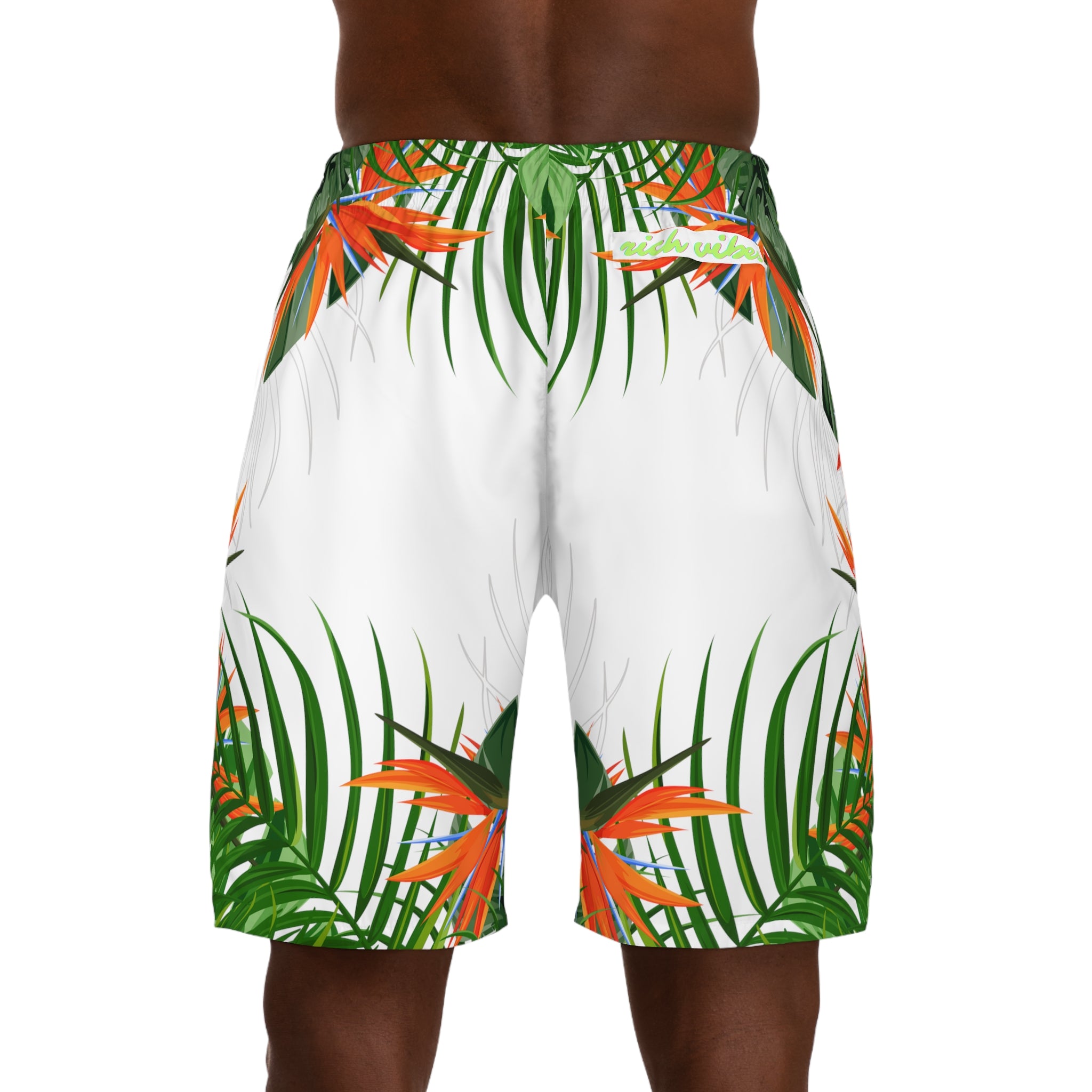 Rich Vibes Volt Green Tropical Jungle Print - Men's Jogger Shorts (AOP)White