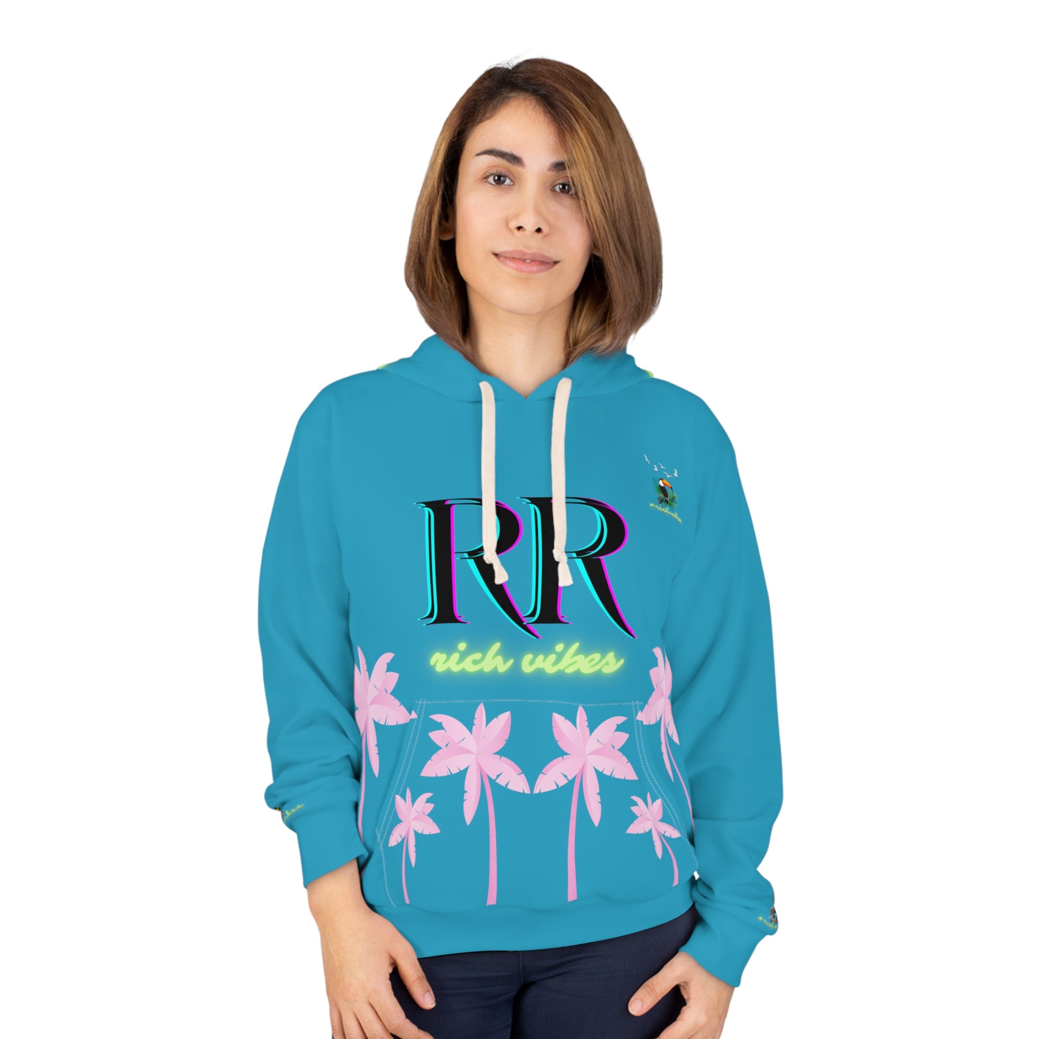 Rich Vibes Volt Green RR Turquoise Tropical Pink Palm Tree Jungle Tiger - Unisex Pullover Hoodie (AOP)