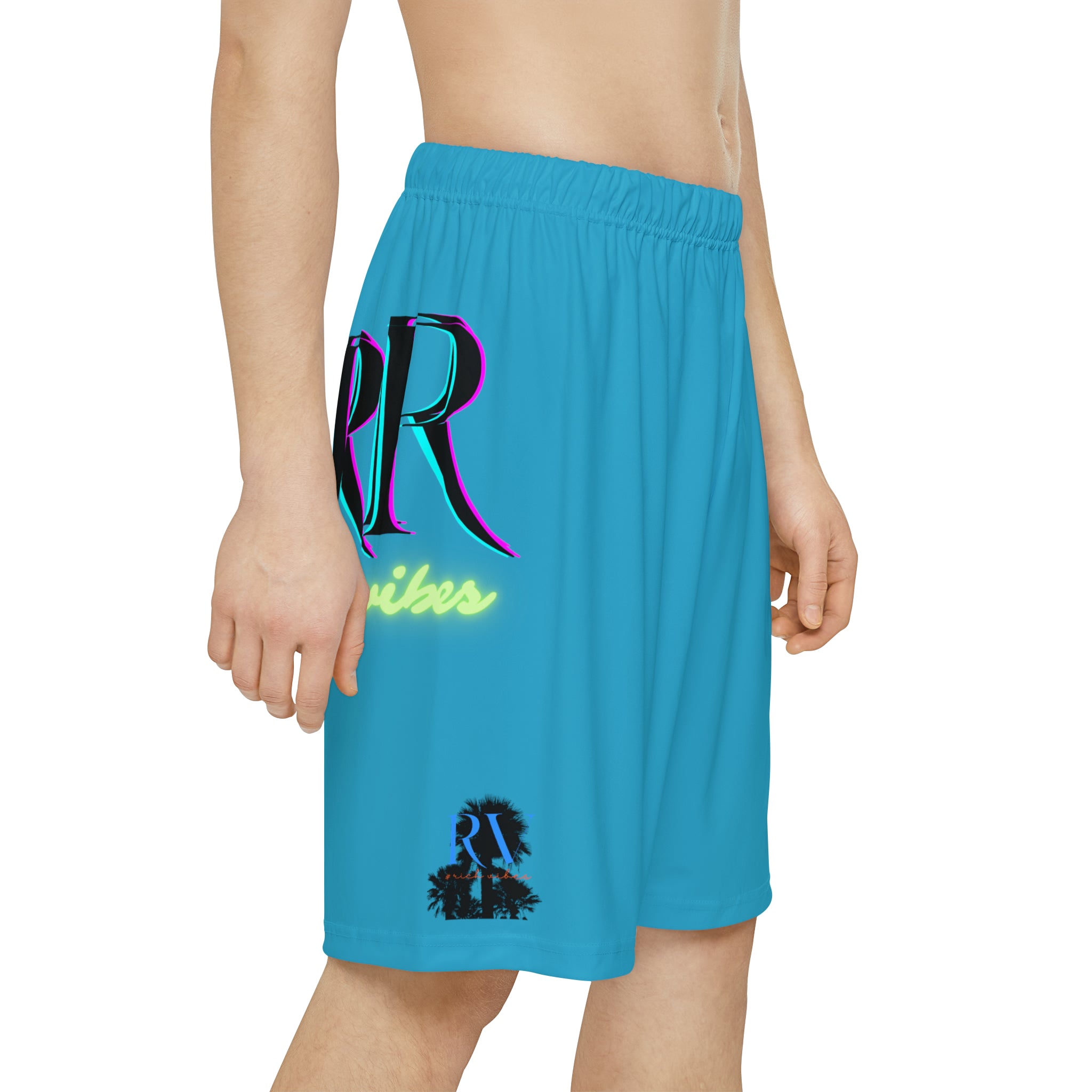 Rich Vibes RR RV Palm Tree Silhouette - Men’s Sports Shorts (AOP) Turquoise