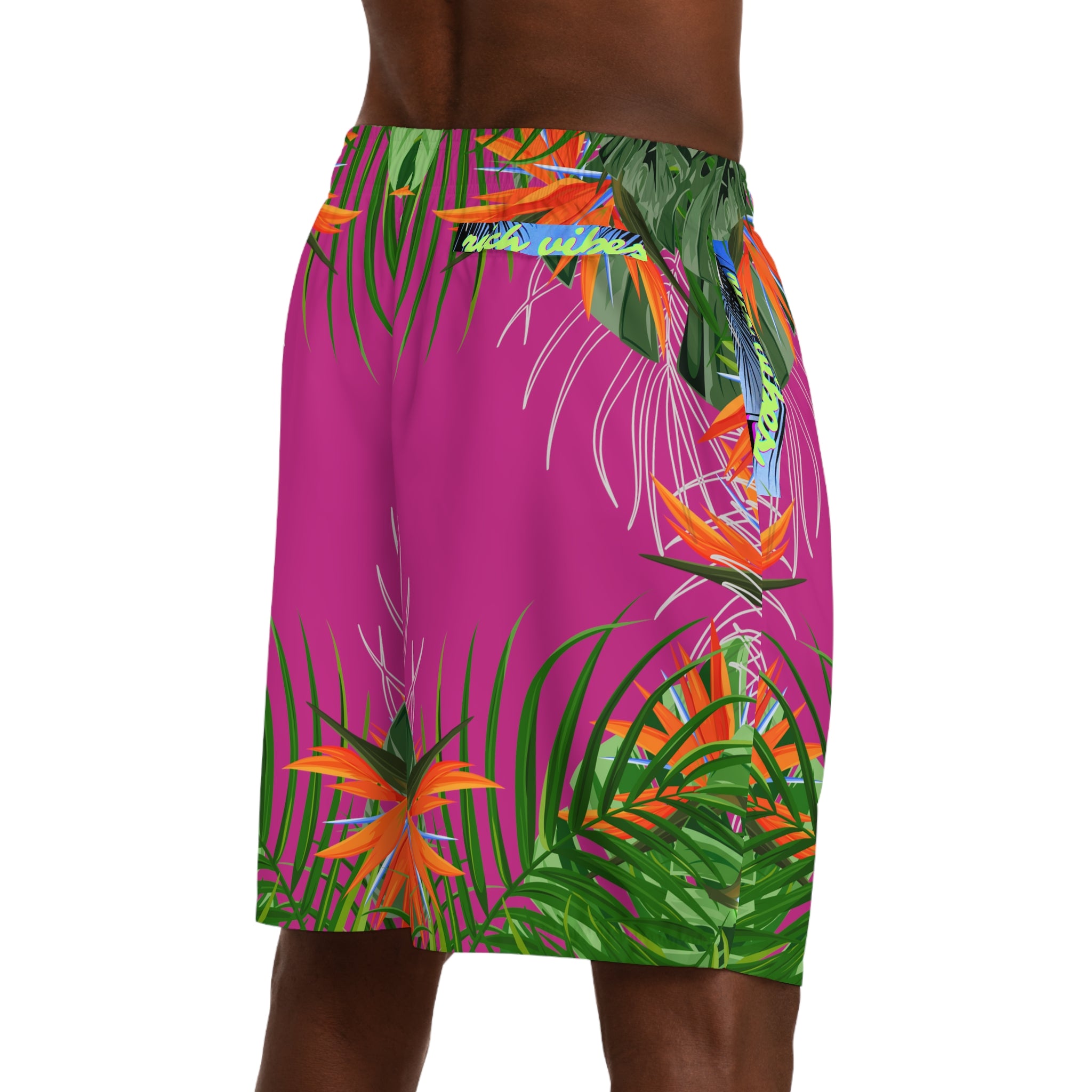 Rich Vibes Volt Pink Tropical Jungle Print - Men's Jogger Shorts (AOP)Black