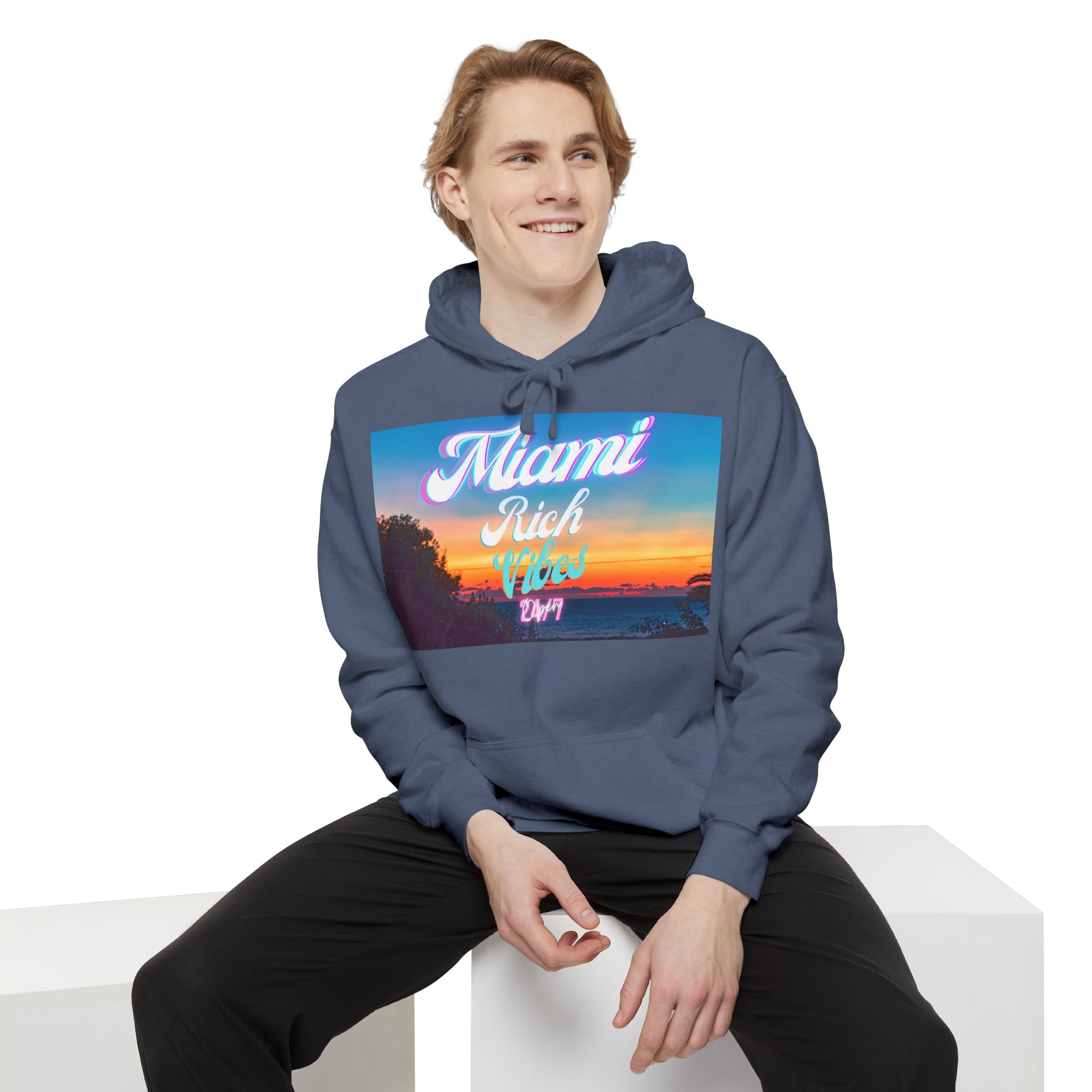 Rich Vibes Miami Beach Denim - Garment-Dyed Hoodie