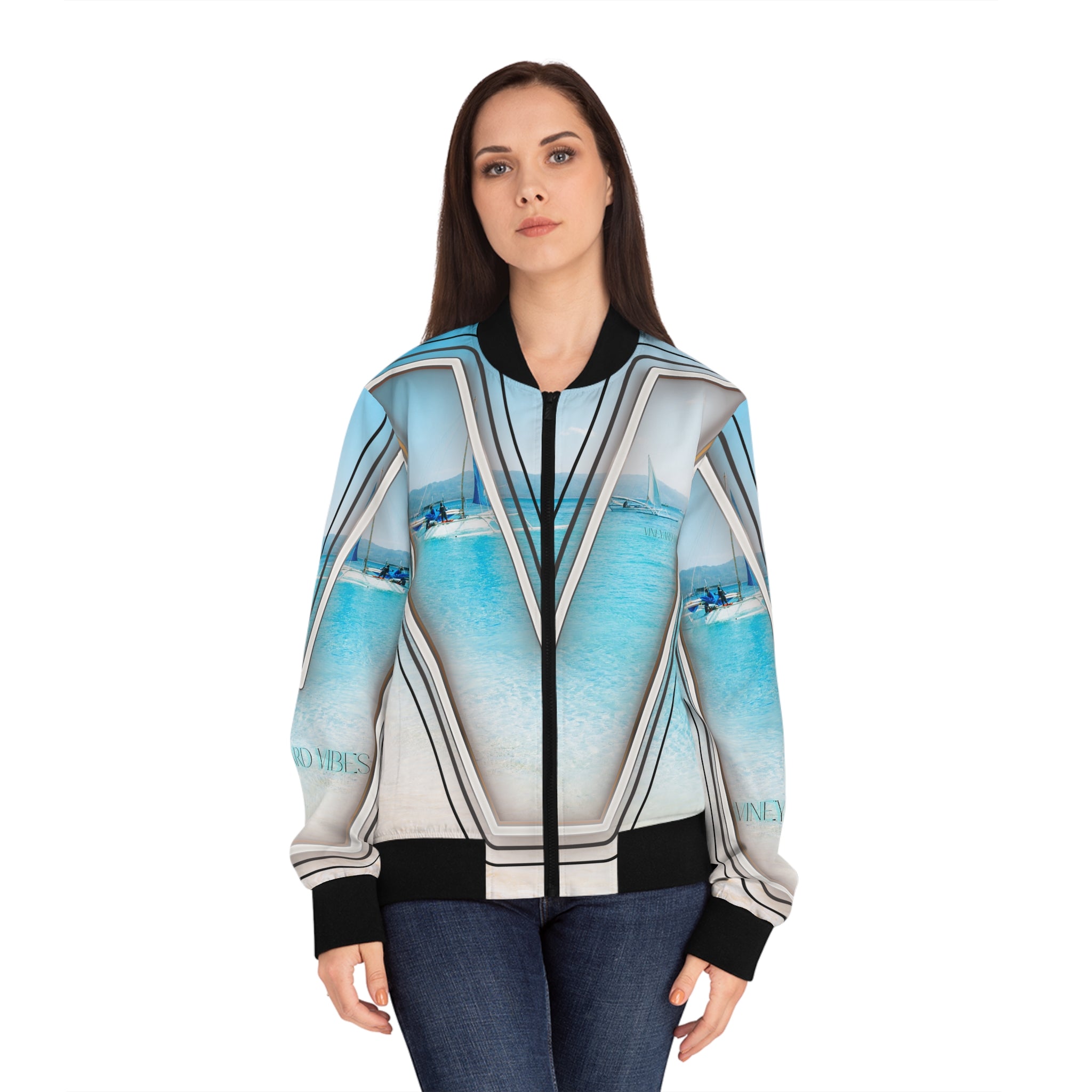Vineyard Vibes V Clear Blue Sky Beach - Women's Light Purple Bomber Jacket (AOP)