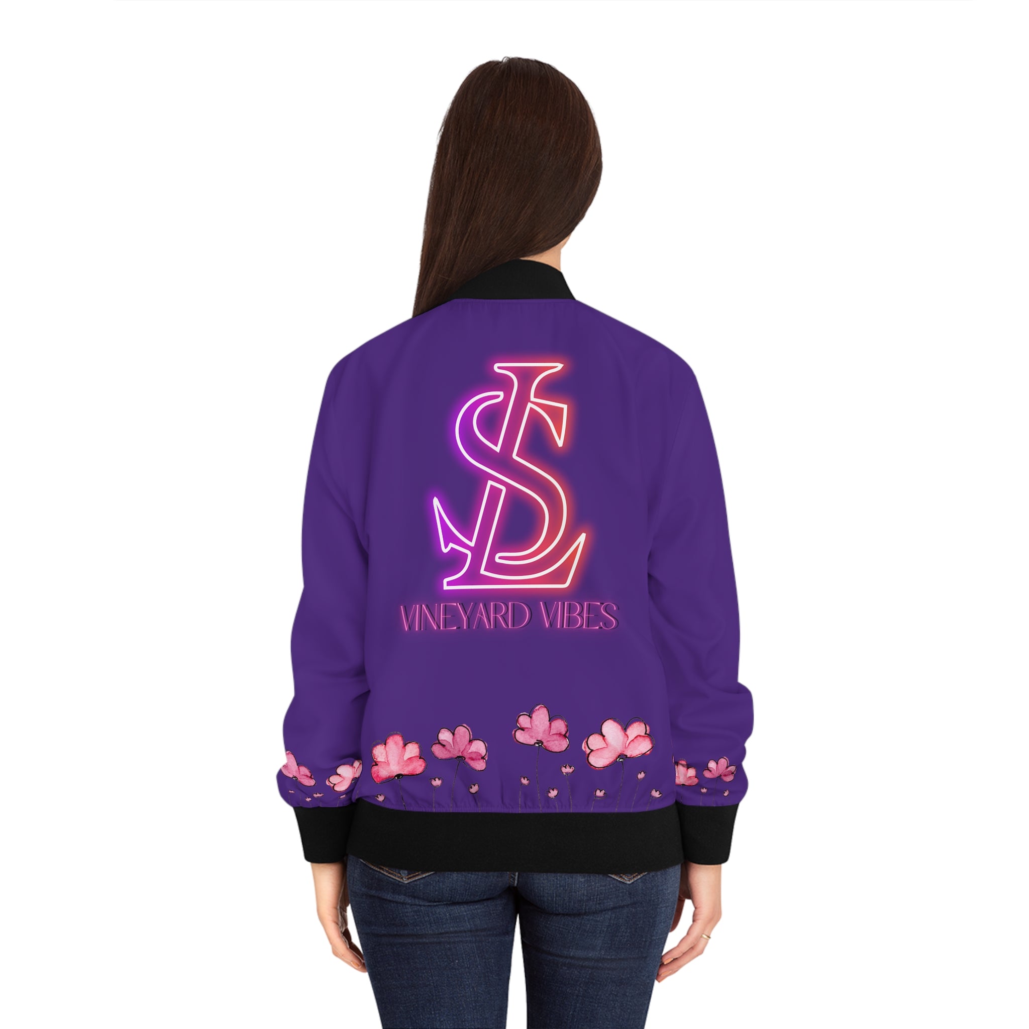 Vineyard Vibes Pink Flower LS LIFESTYLE 1.5 - Women's Purple Bomber Jacket (AOP)