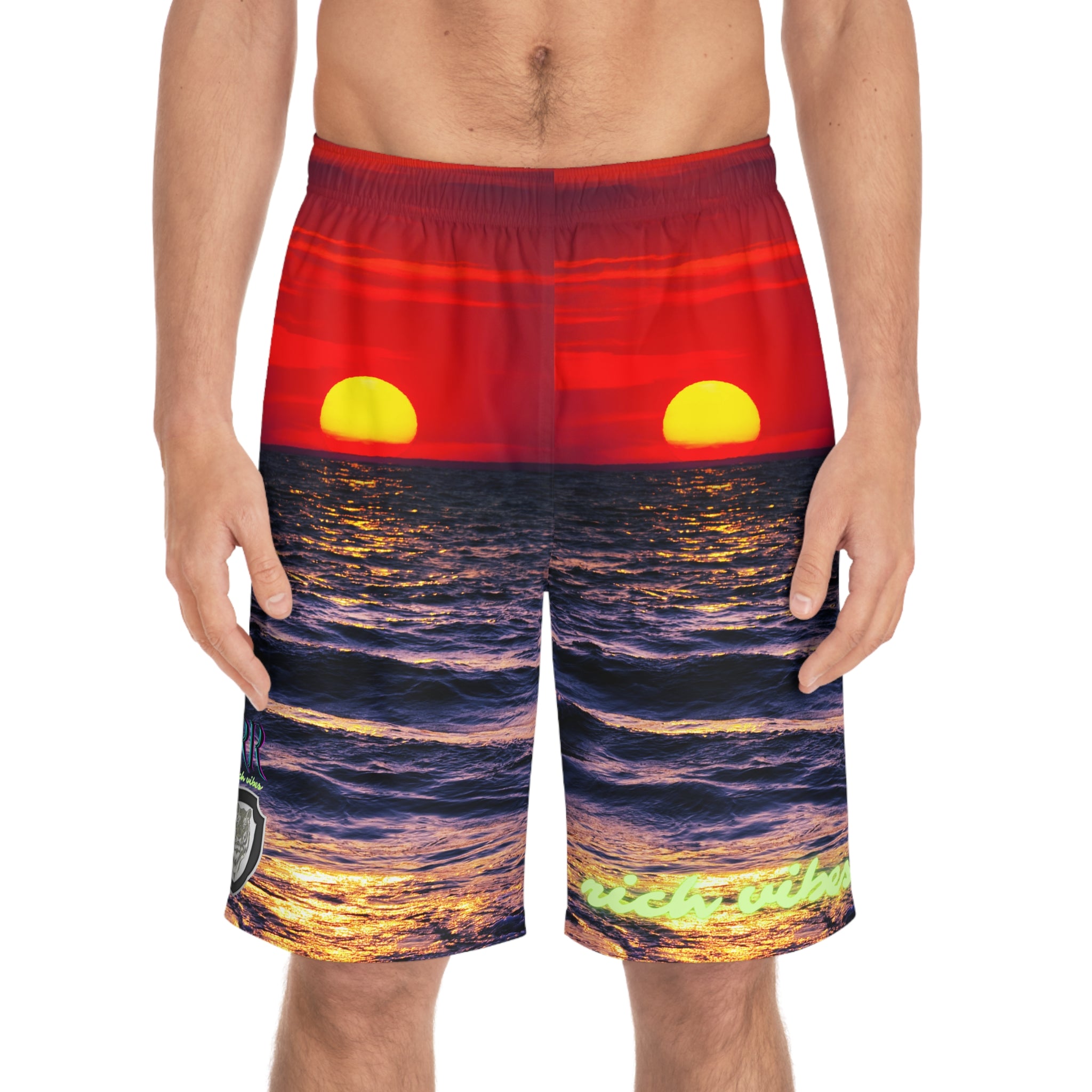Rich Vibes RR Volt Red Opal Sunset Tiger Shield 2.0 - Men's Board Shorts (AOP)