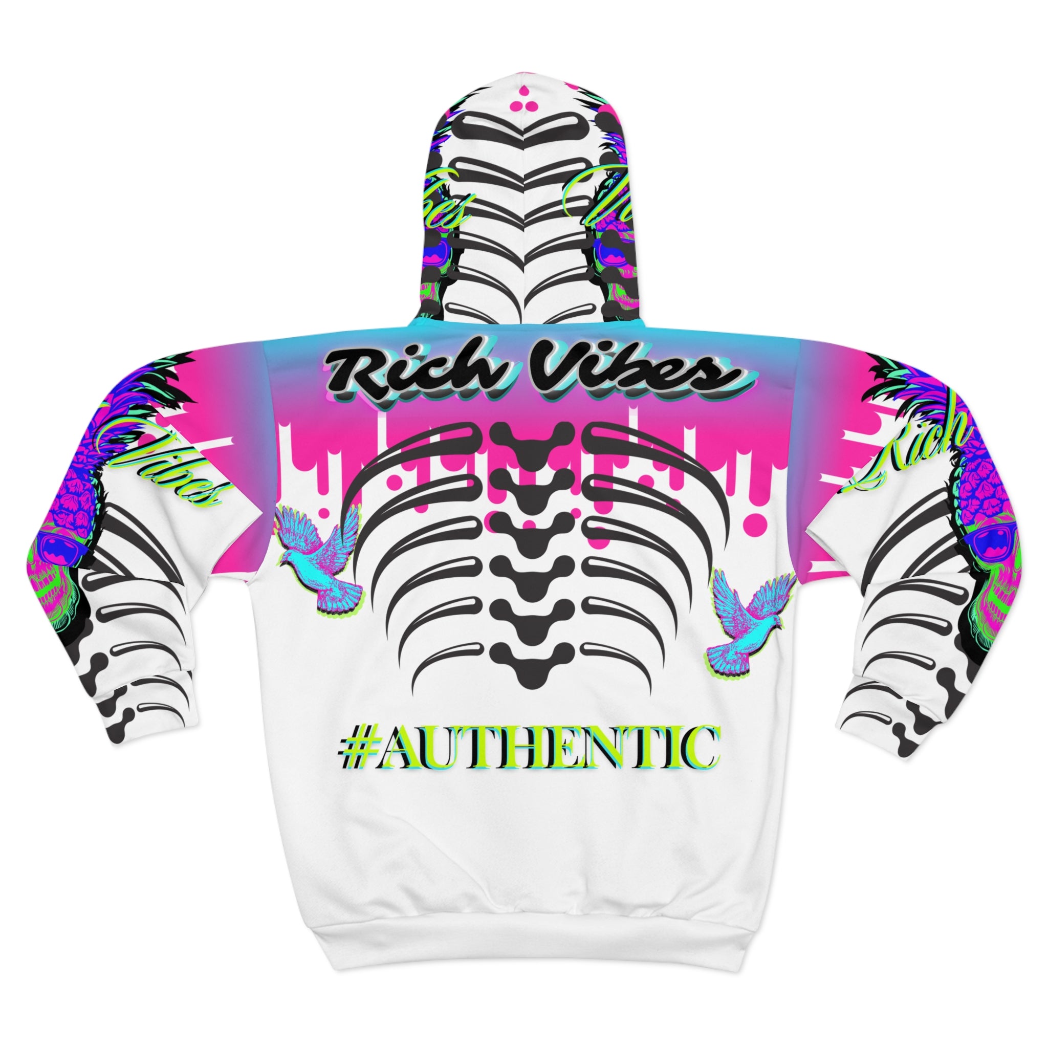 Rich Vibes Authentic Purple Skull Black Skeleton - Unisex Zip Hoodie (AOP) White