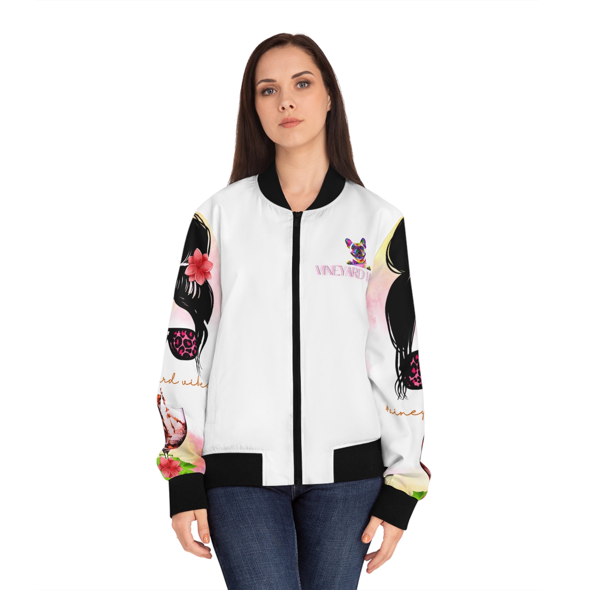 Vineyard Vibes Fine Wine 1.3 - Women's White Bomber Jacket (AOP)