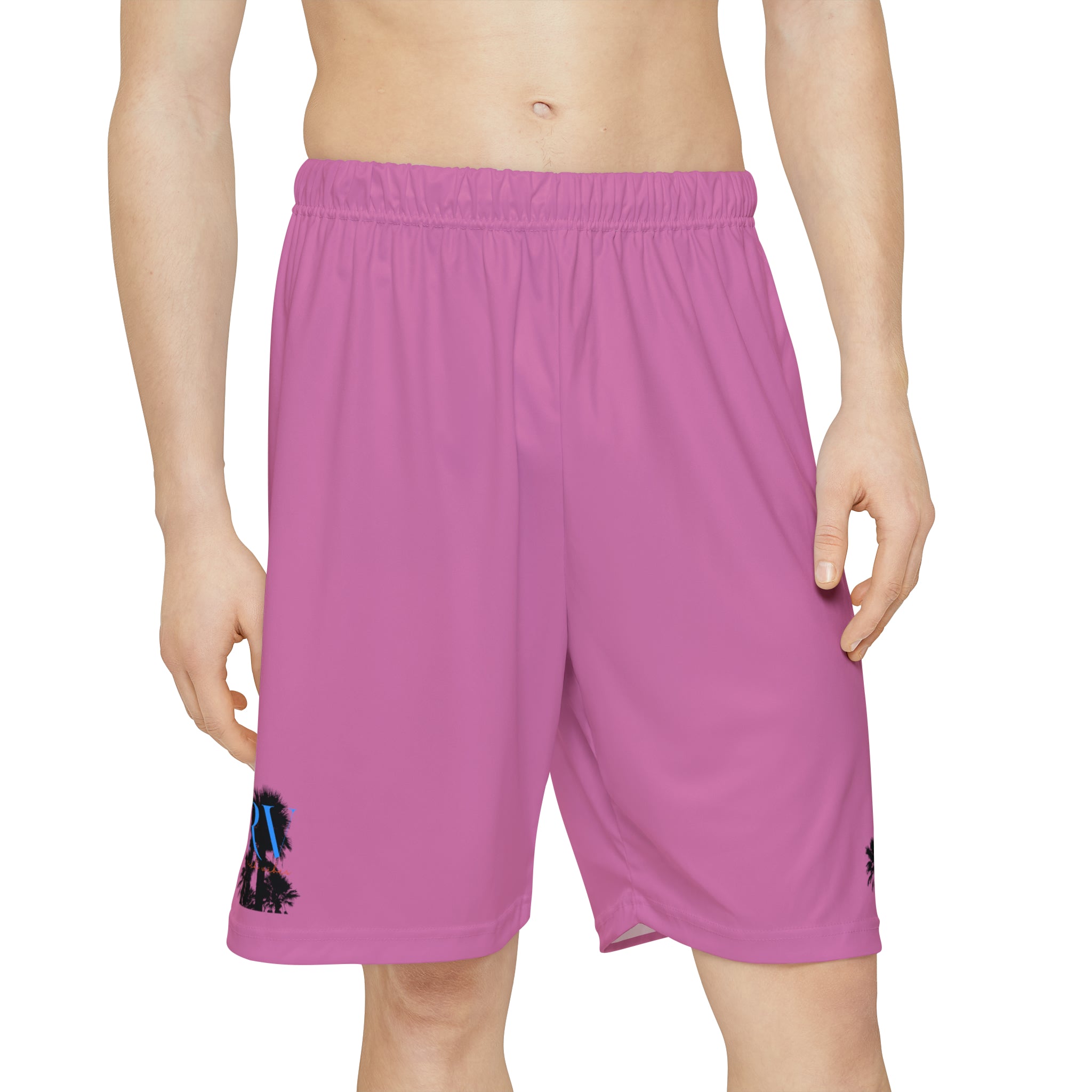 Rich Vibes RV Palm Tree Silhouette Men’s Sports Shorts (AOP) Light Pink