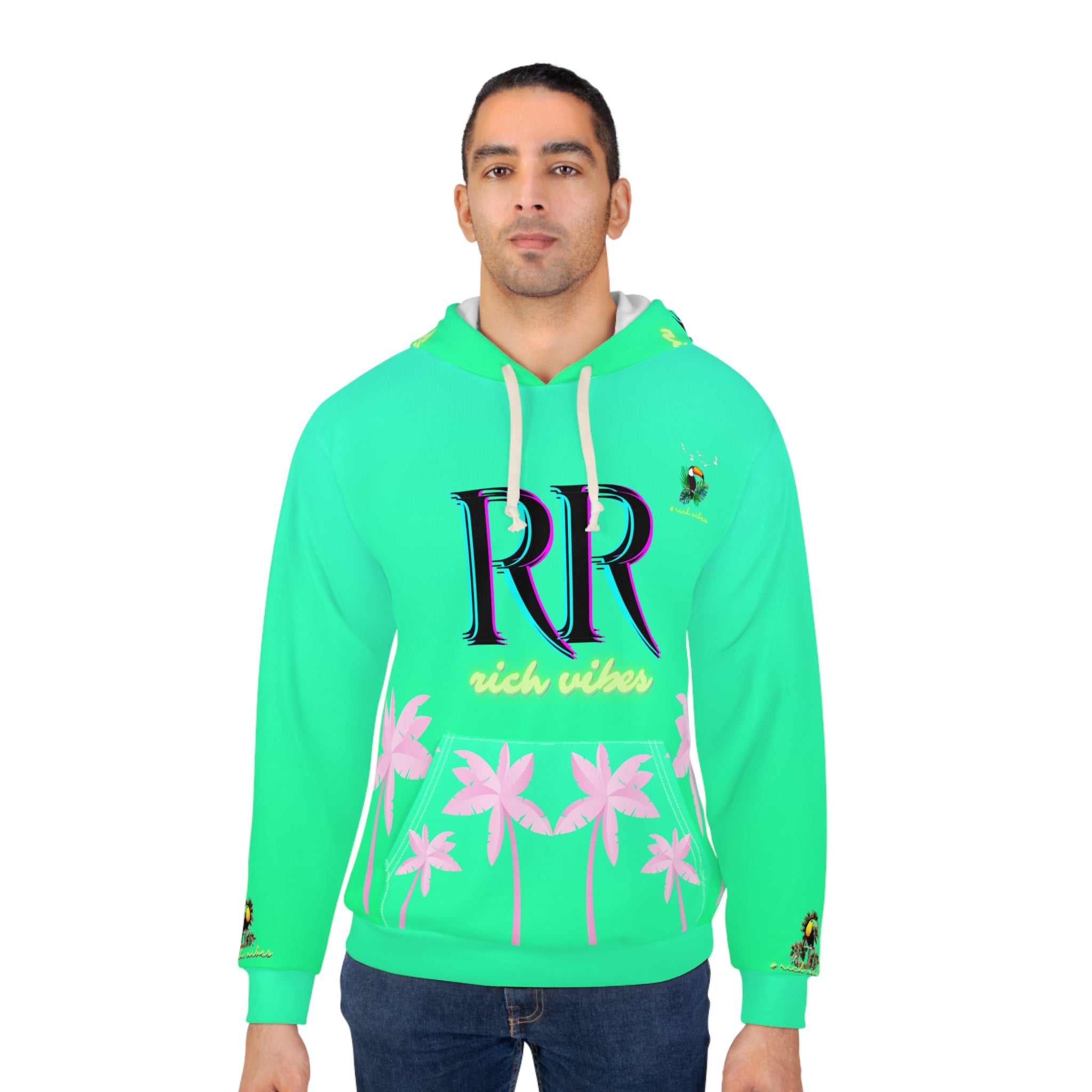 Rich Vibes Volt Green RR Electric Green Tropical Pink Palm Tree Jungle Tiger - Unisex Pullover Hoodie (AOP)