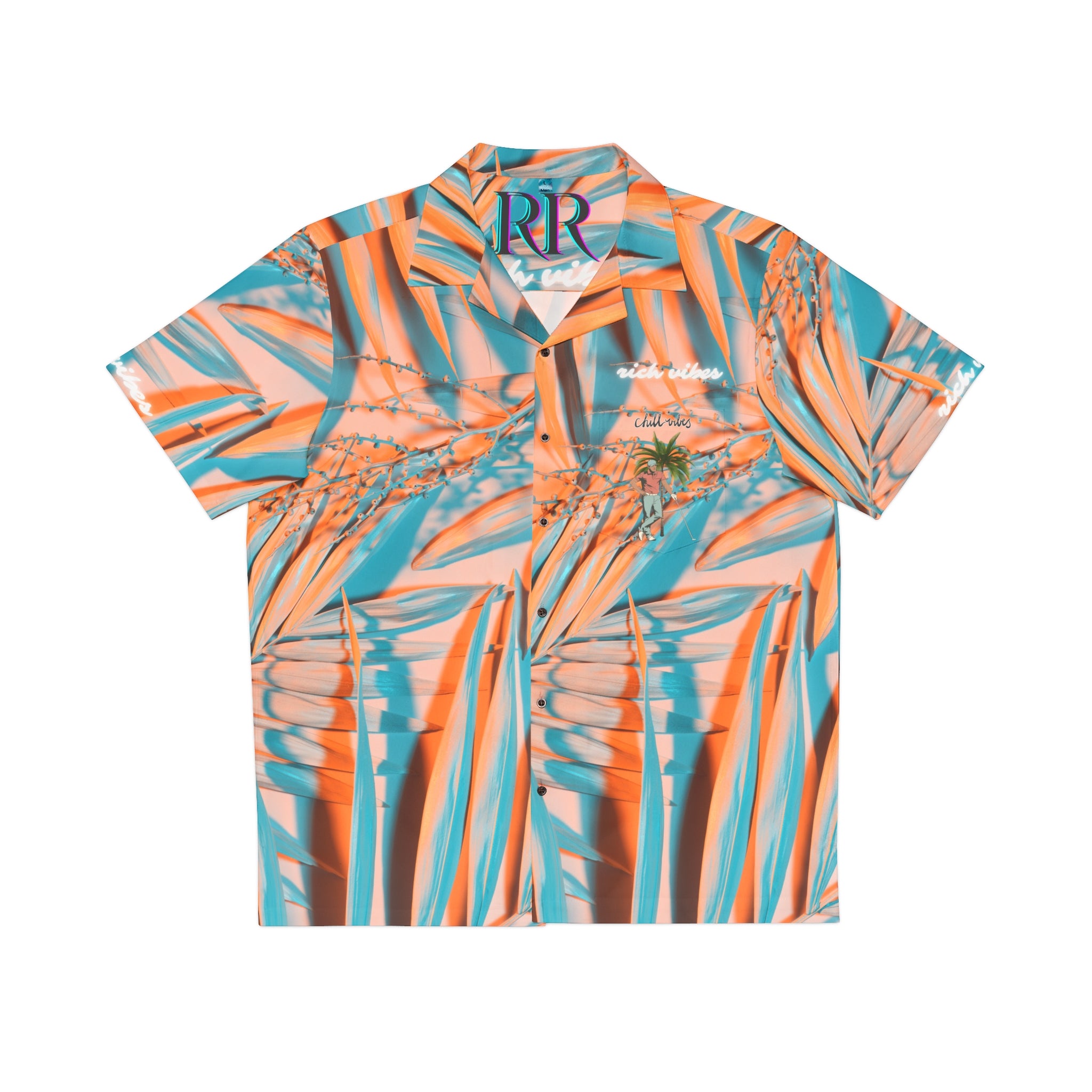 Rich Vibes Colorful Palm Tree Golfer Turquoise Peach Palm Tree 1.0 - Men's Hawaiian Shirt (AOP)