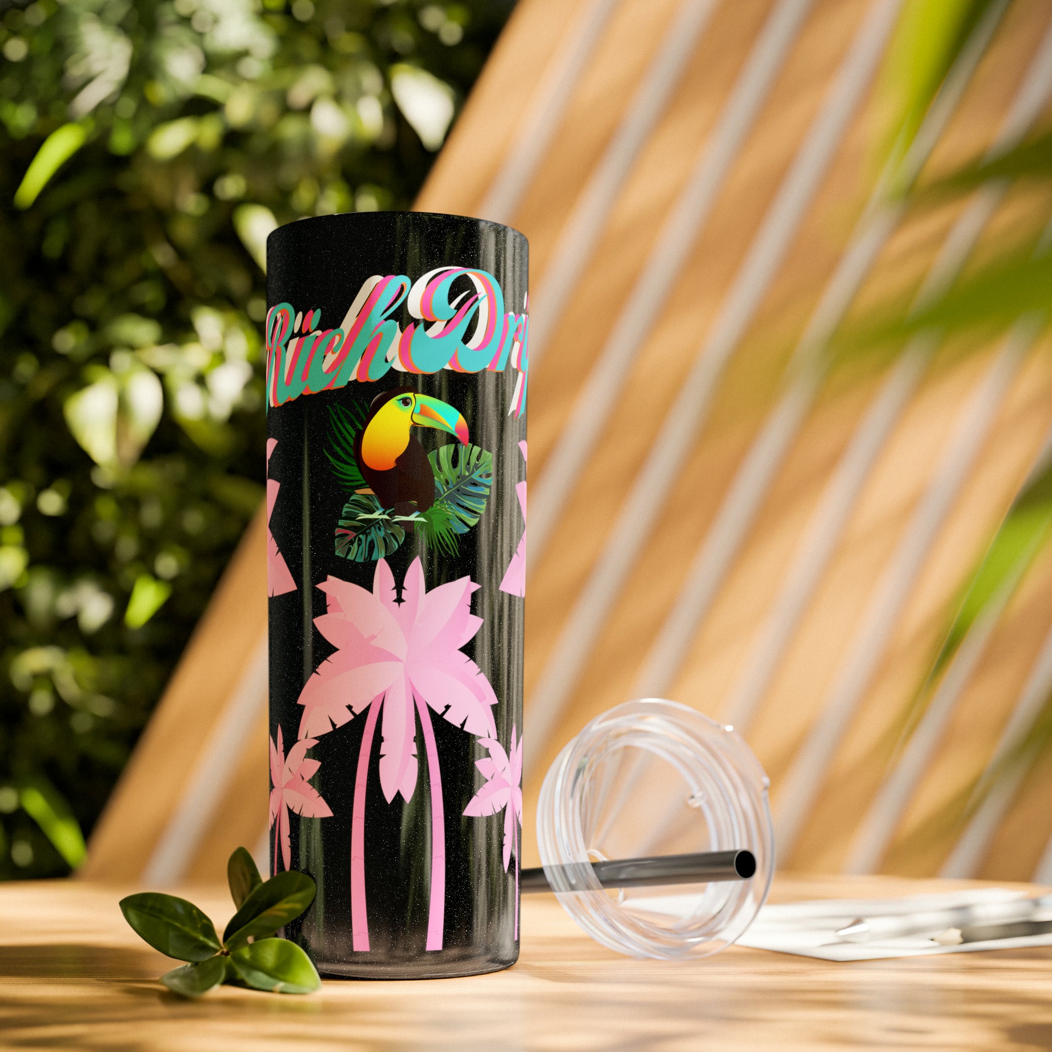 Rich Drip Tropical Pink Palm Tree - Skinny Tumbler with Straw, 20oz
