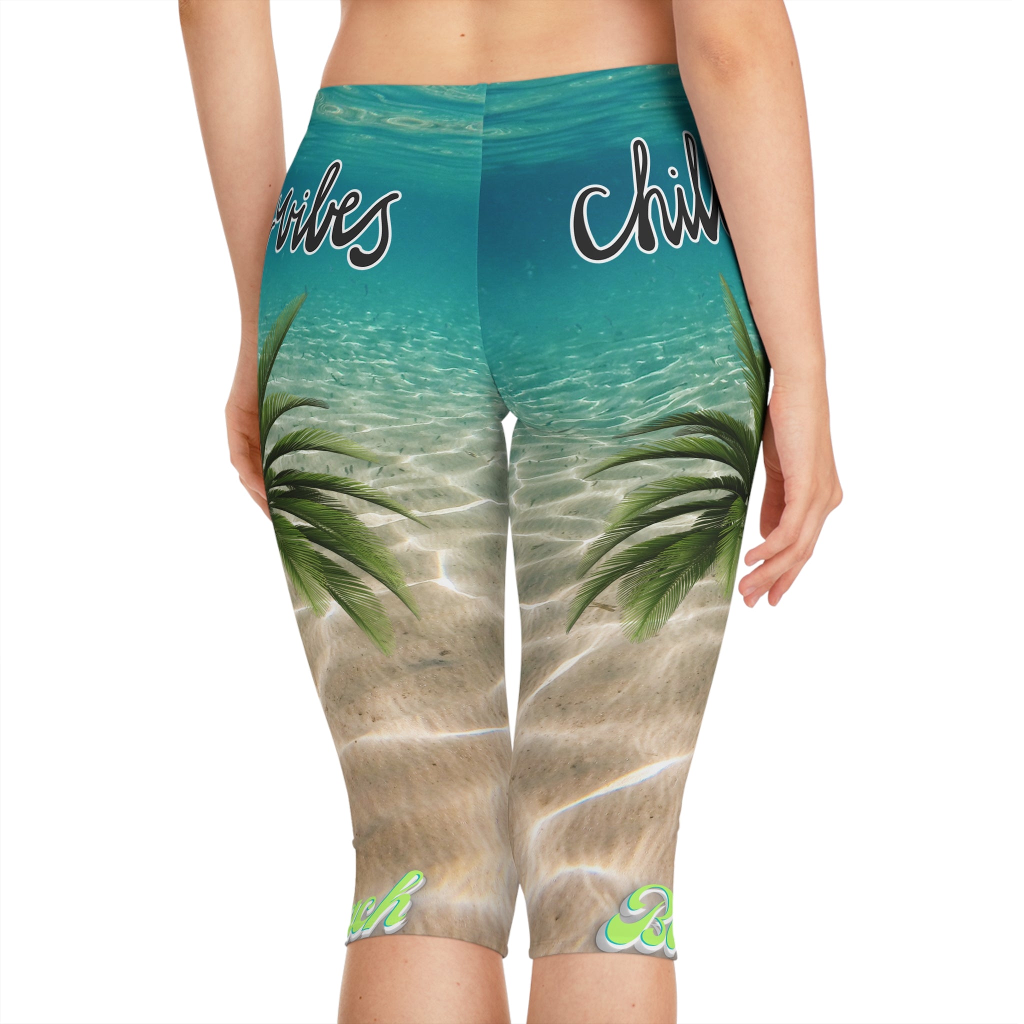 Vineyard Vibes Aqua Print Chill Beach Vibes 2.0 - Women's Capri Leggings (AOP)