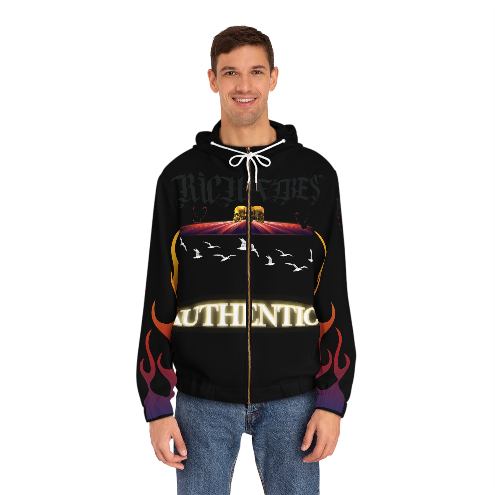 Rich Vibes Authentic Black Bird Flames City Skyline 1.5 - Men's Full-Zip Hoodie (AOP) Black
