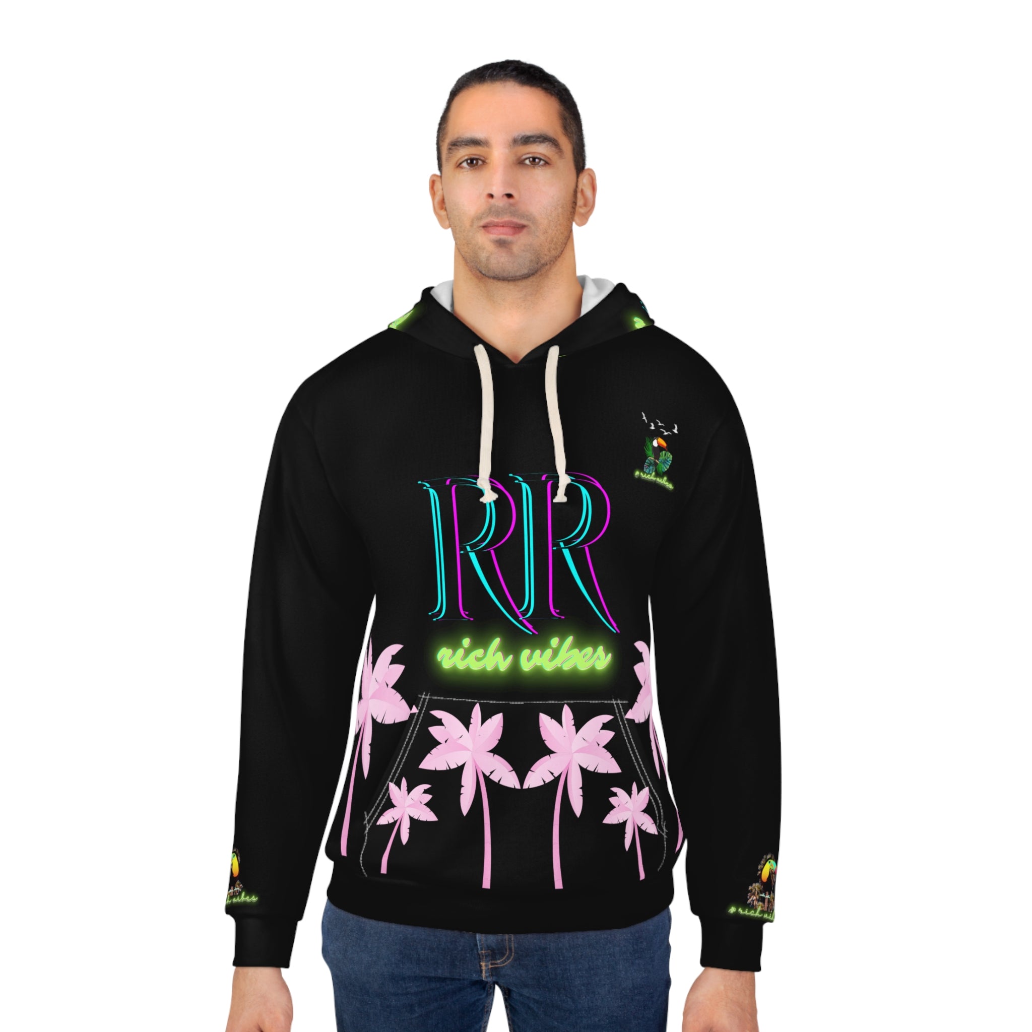Rich Vibes Volt Green RR White Tropical Pink Palm Tree Jungle Tiger - Unisex Pullover Hoodie (AOP)