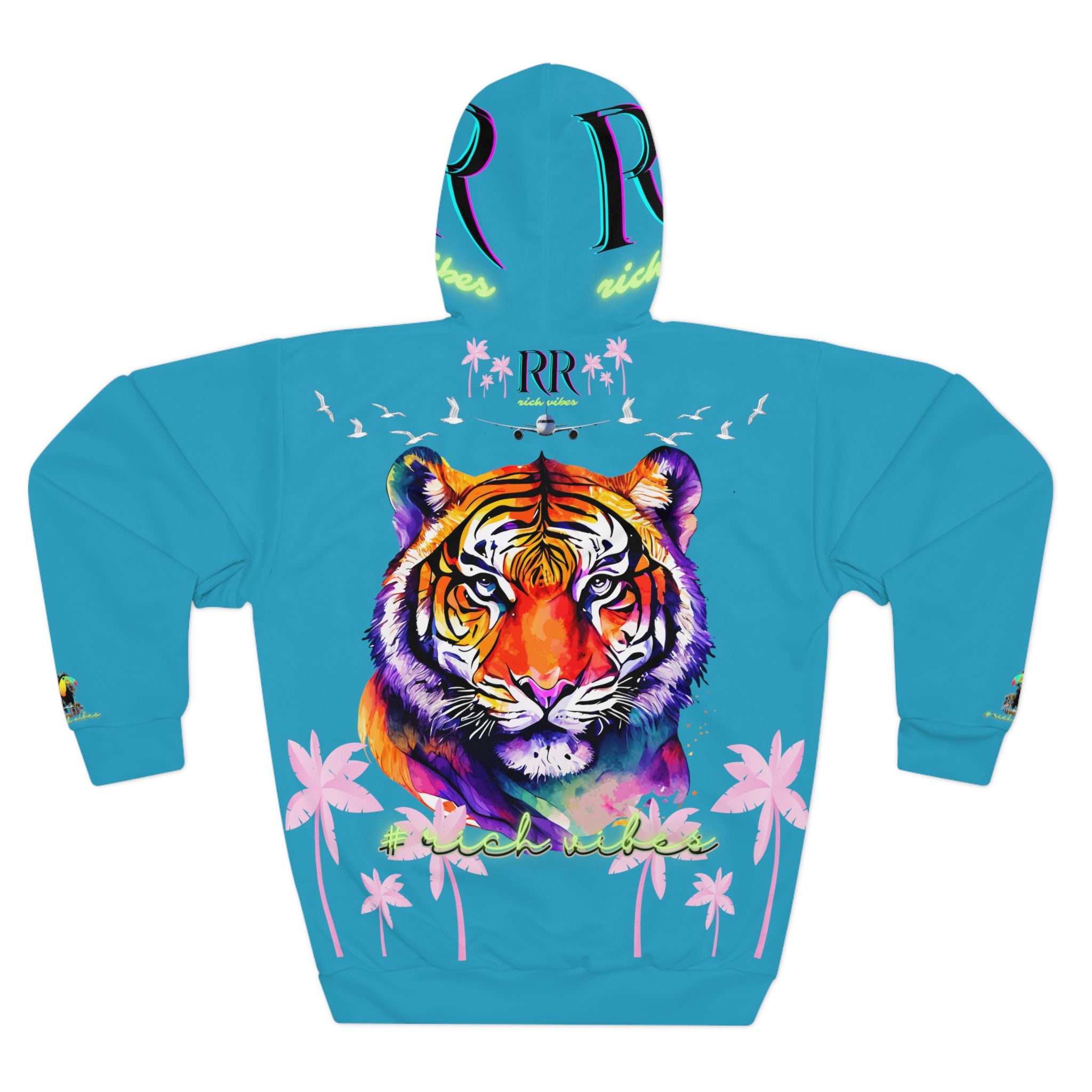Rich Vibes Volt Green RR Turquoise Tropical Pink Palm Tree Jungle Tiger - Unisex Pullover Hoodie (AOP)