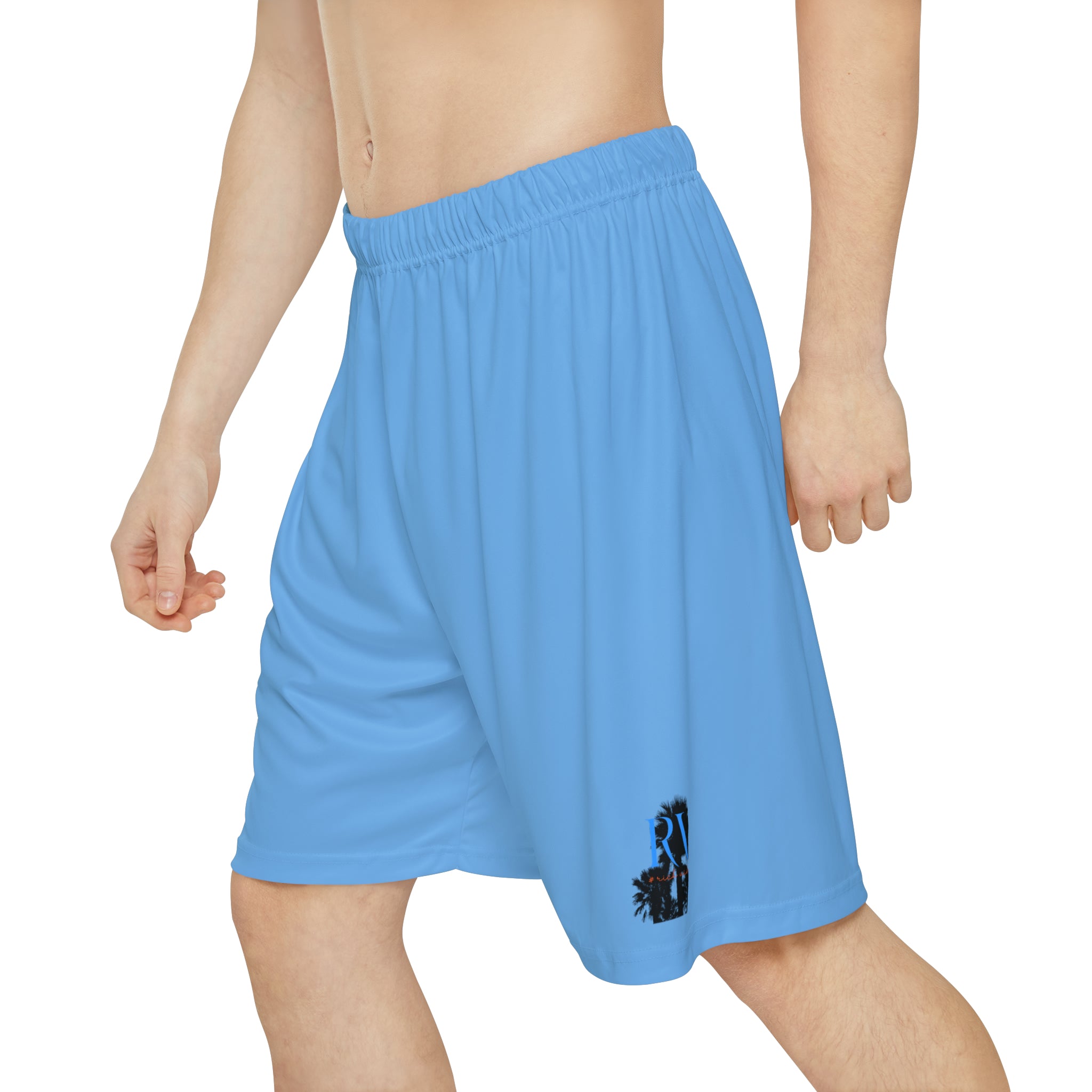 Rich Vibes RV Palm Tree Silhouette Men’s Sports Shorts (AOP) Light Blue
