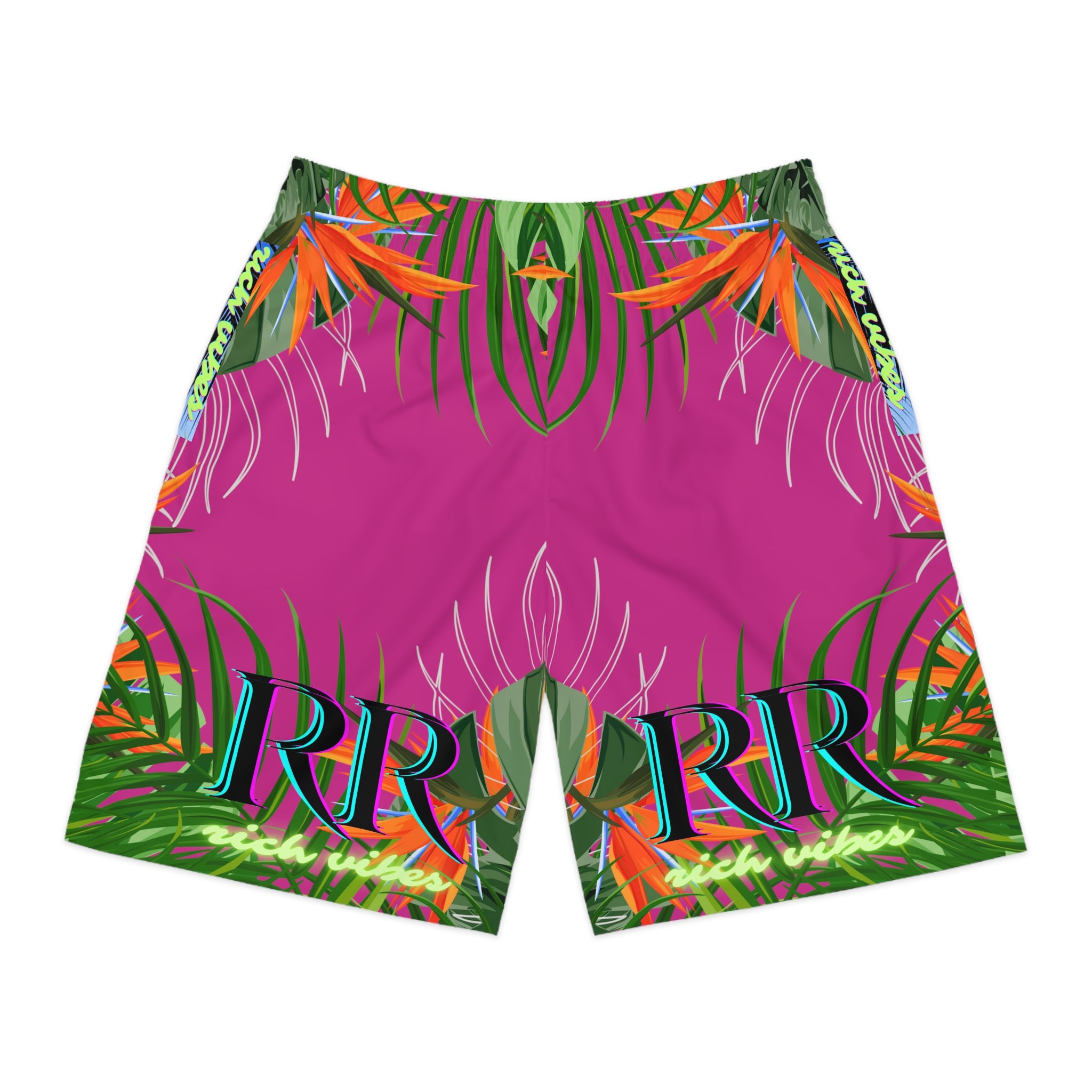 Rich Vibes Volt Pink Tropical Jungle Print - Men's Jogger Shorts (AOP)Black