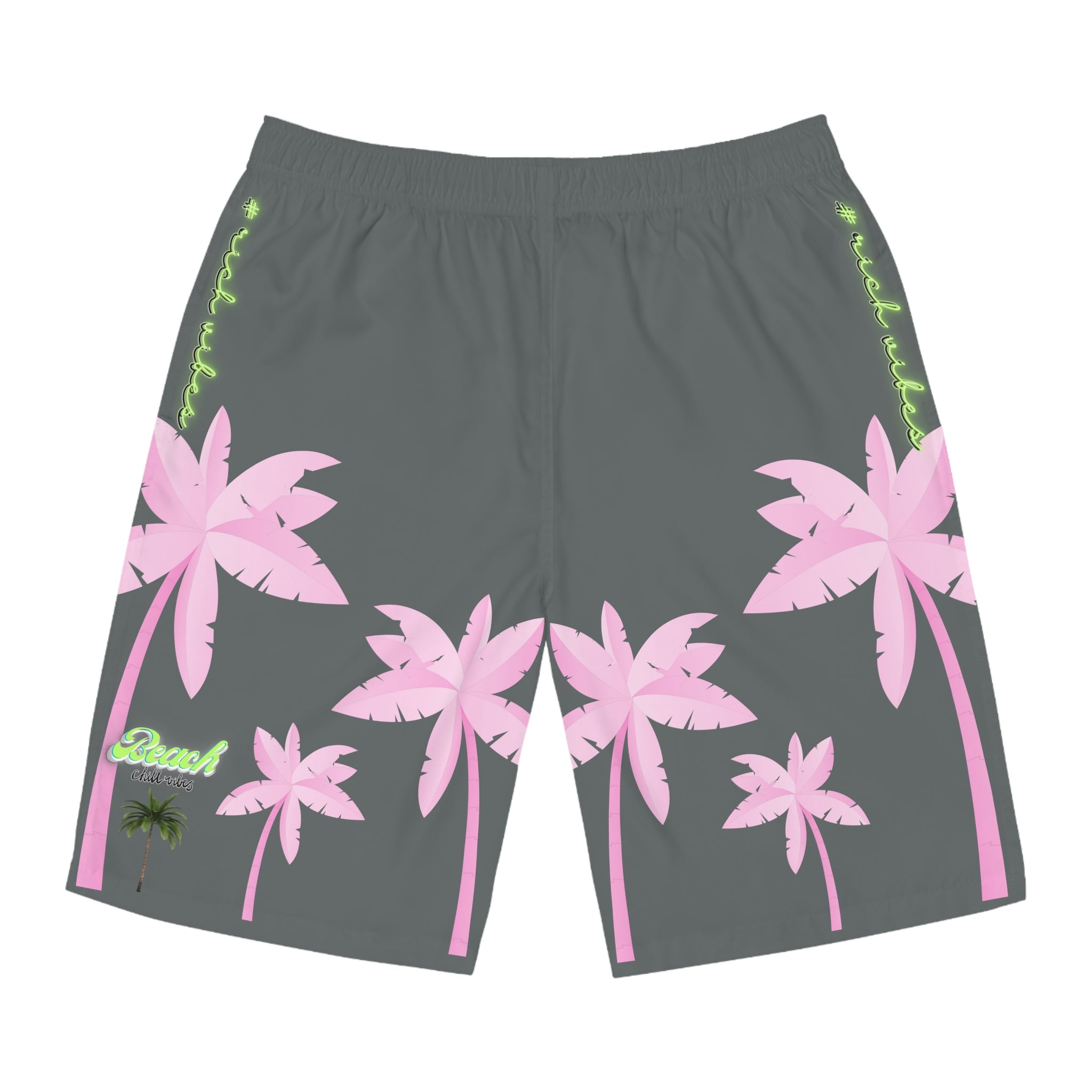 Rich Vibes Grey Tropical Pink Palm Tree Beach Chill Vibes 1.2 - Men's Board Shorts (AOP)